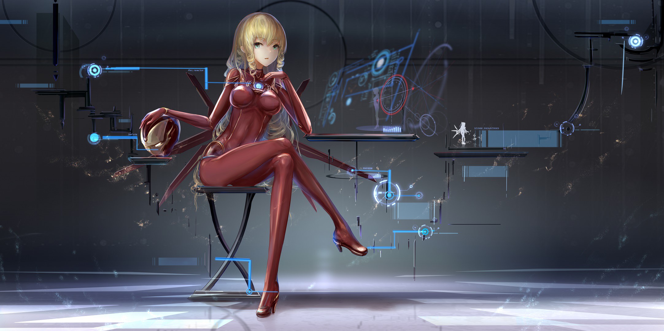 Anime girl in red suit with Iron Man helmet HD Wallpaper