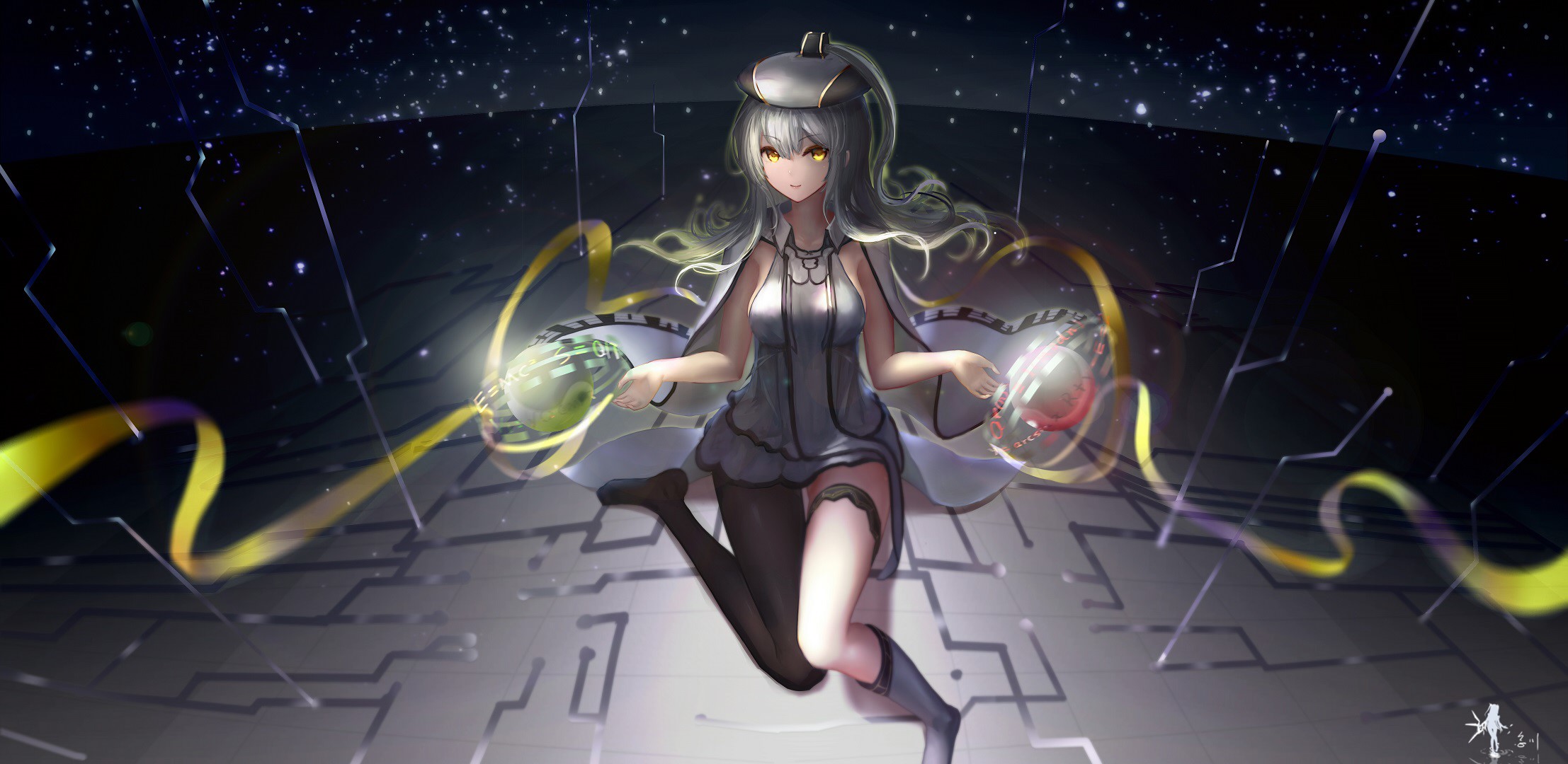 Anime girl with glowing orbs and ribbons HD Wallpaper