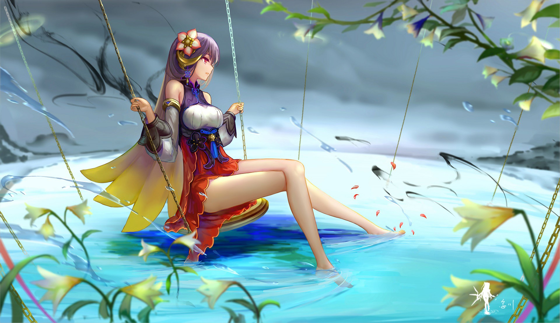 Anime girl on a swing in water with lilies HD Wallpaper