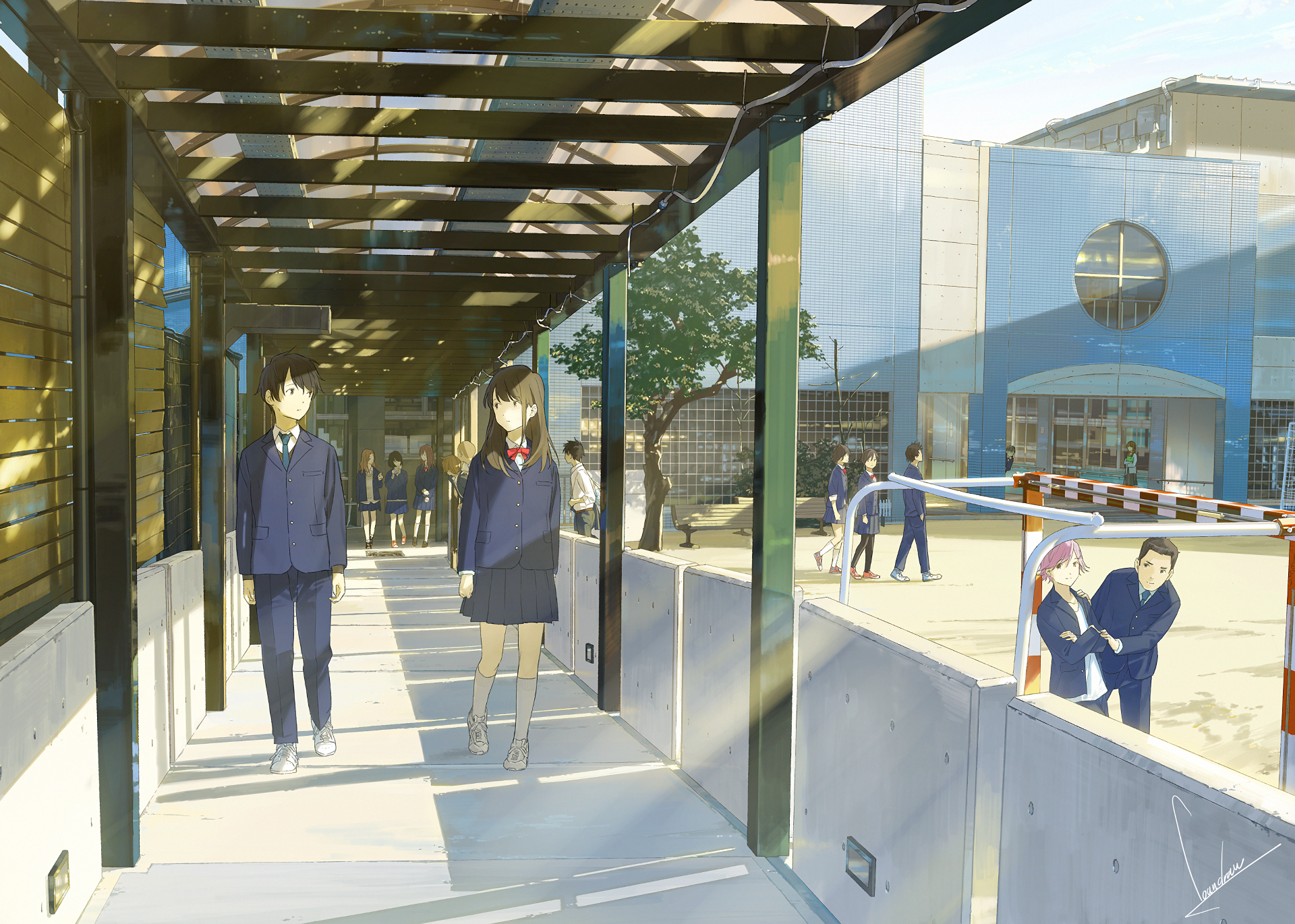 Anime illustration of students walking on a school campus HD Wallpaper