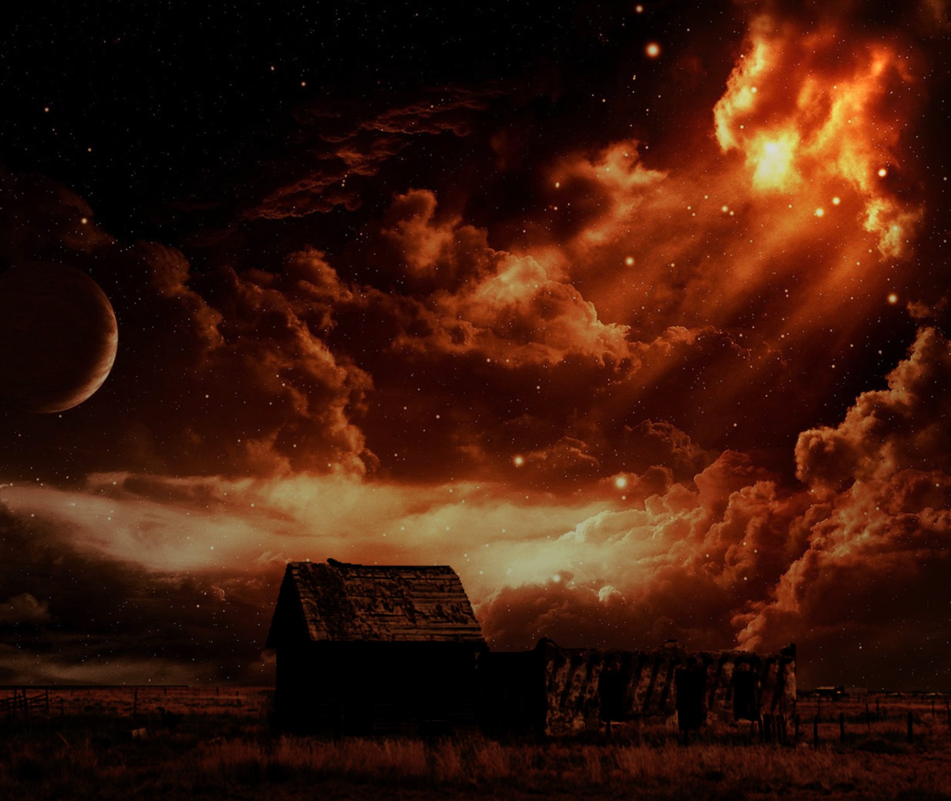 Dark sky with clouds and a barn HD Wallpaper