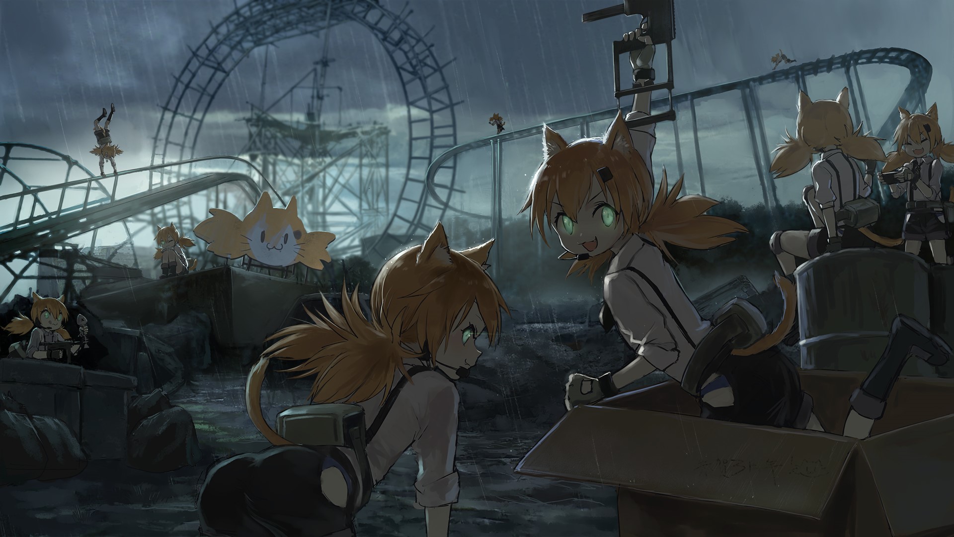 Girls with cat ears in the rain at an amusement park HD Wallpaper
