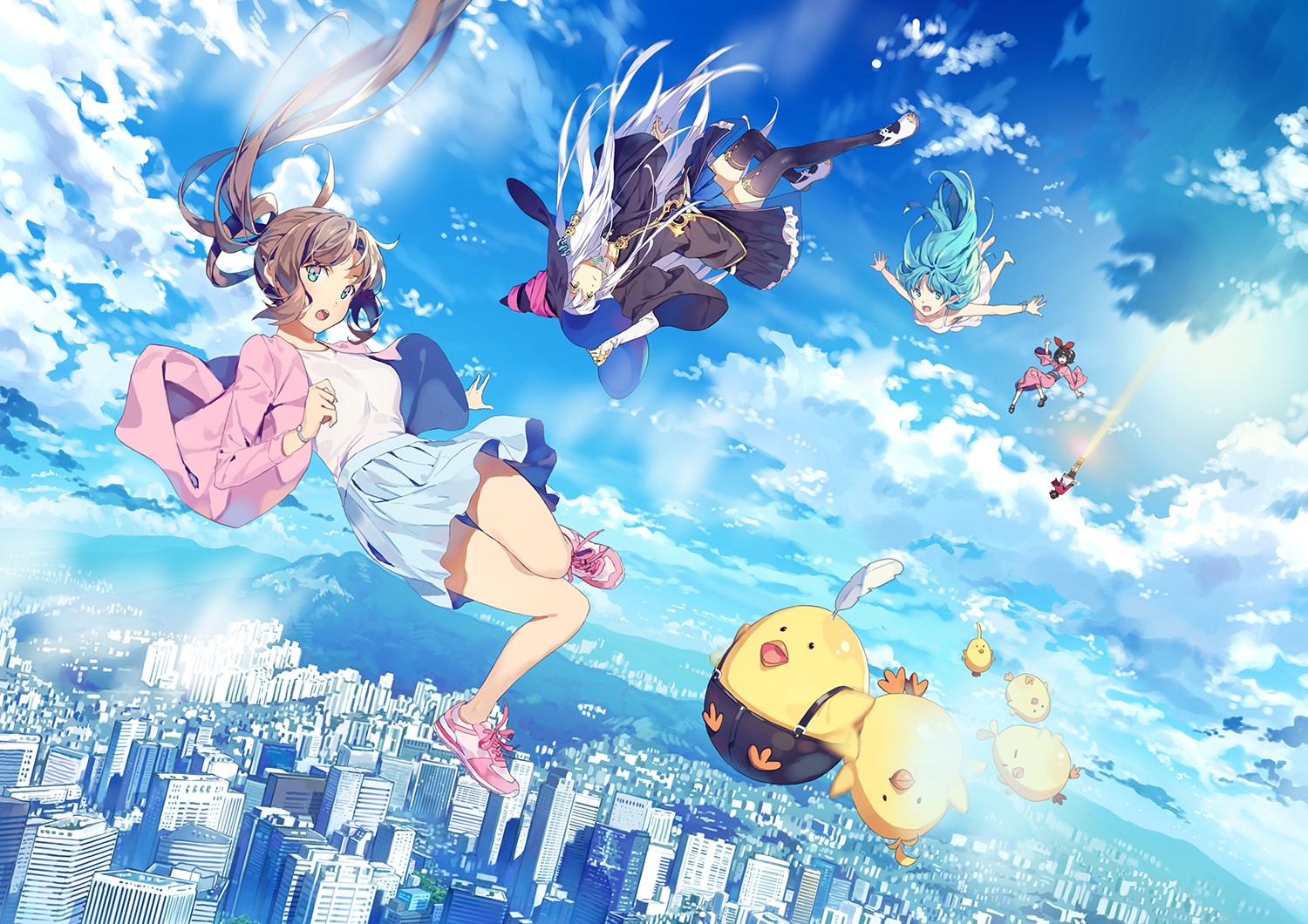 Anime girls and chicks falling from the sky over city HD Wallpaper