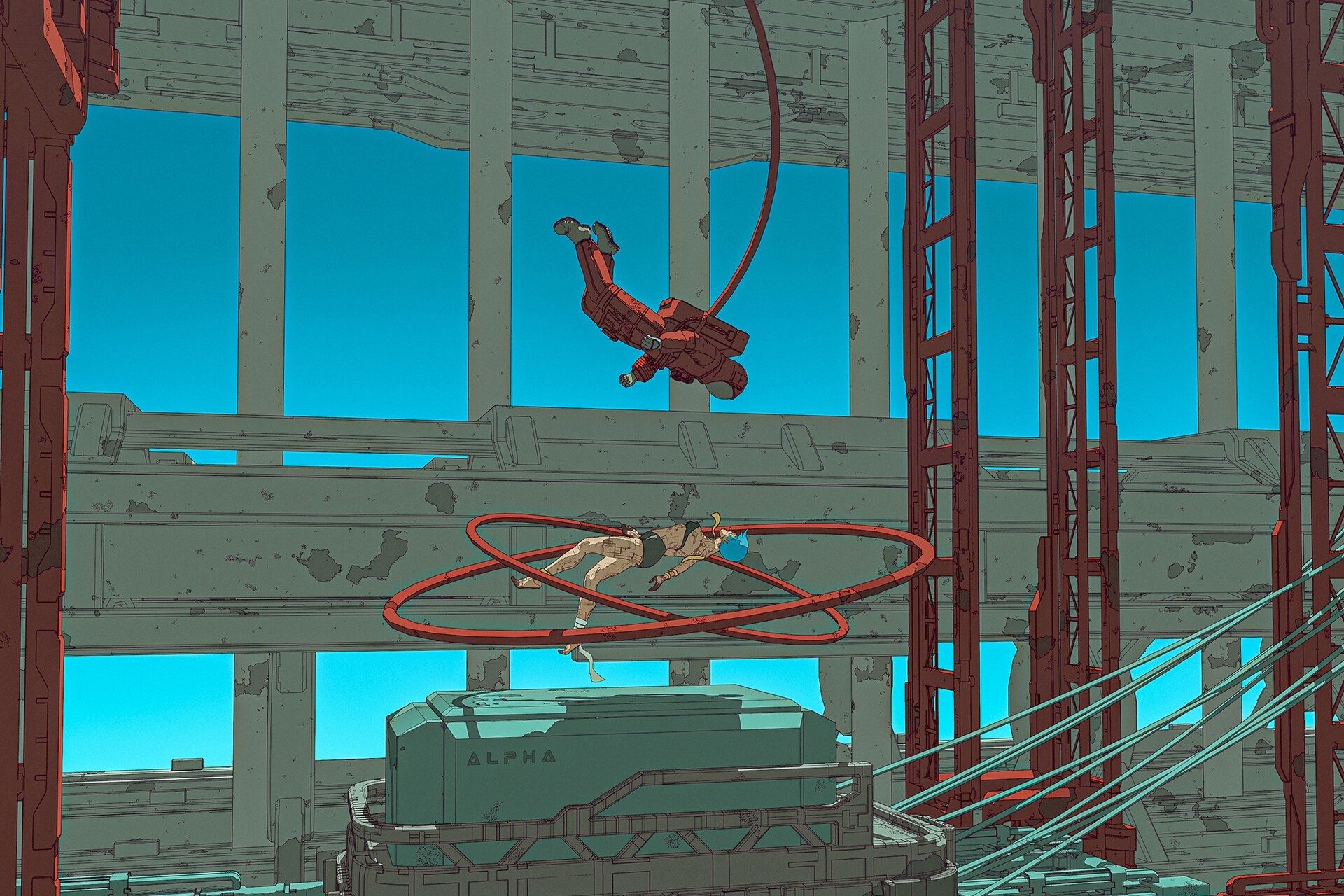 Futuristic scene with two figures in mid-air HD Wallpaper