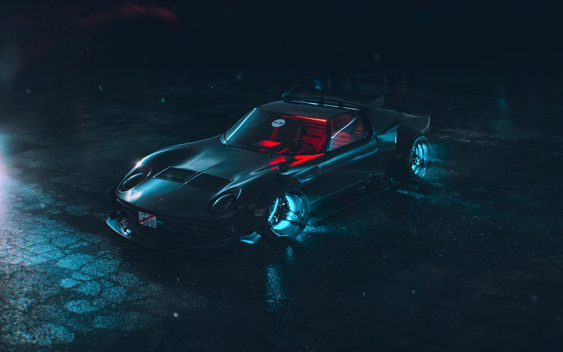Black sports car with cyan lights on wet asphalt HD Wallpaper