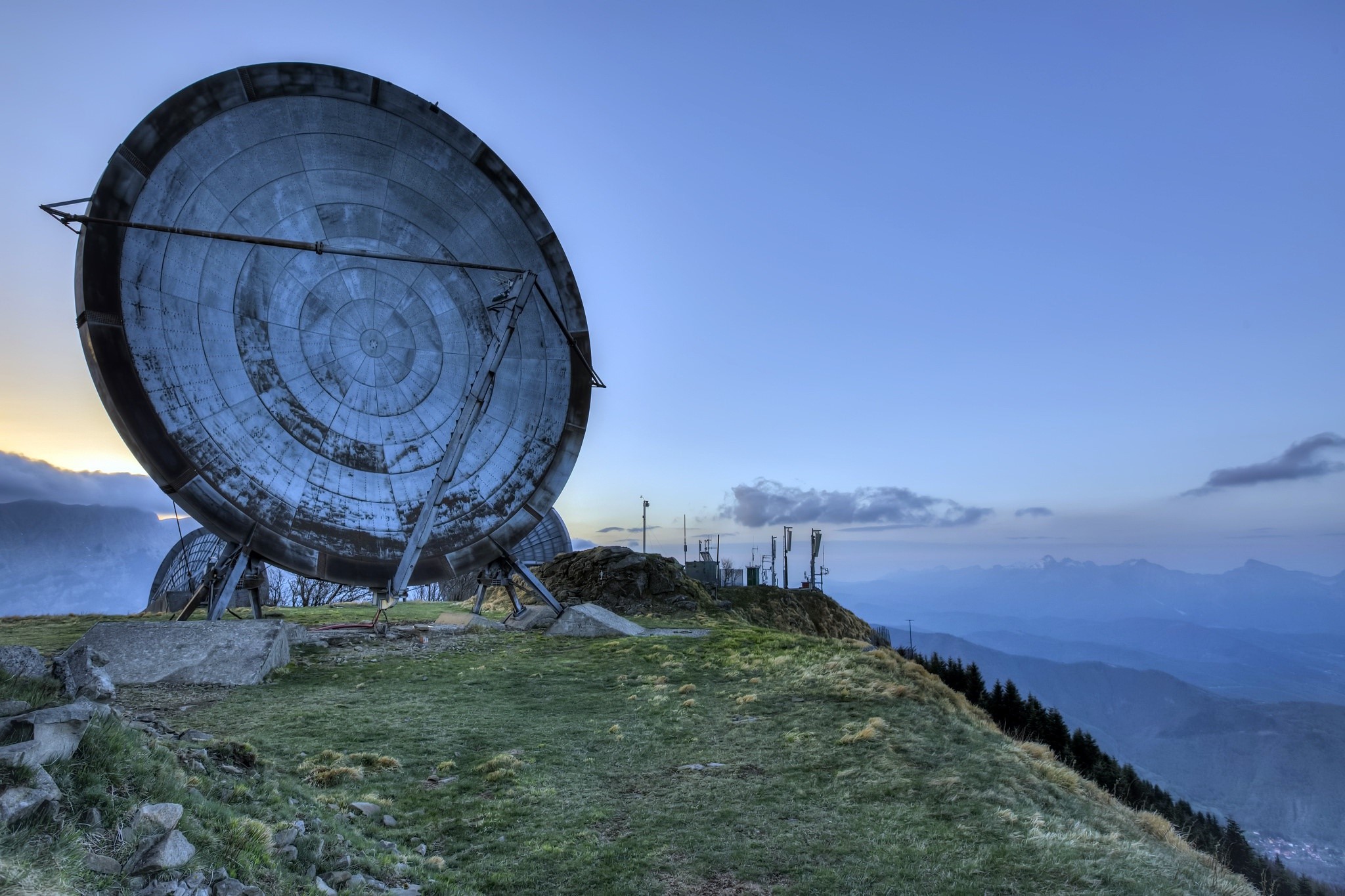 Large satellite dish on a mountain with antennas HD Wallpaper
