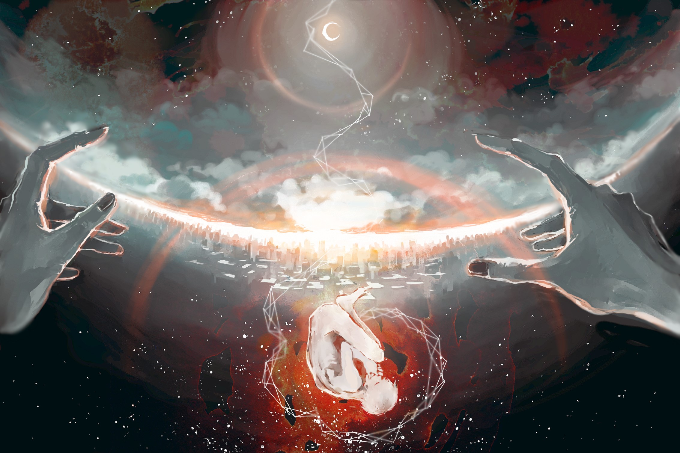 Cosmic hands cradle a city and a fetus HD Wallpaper