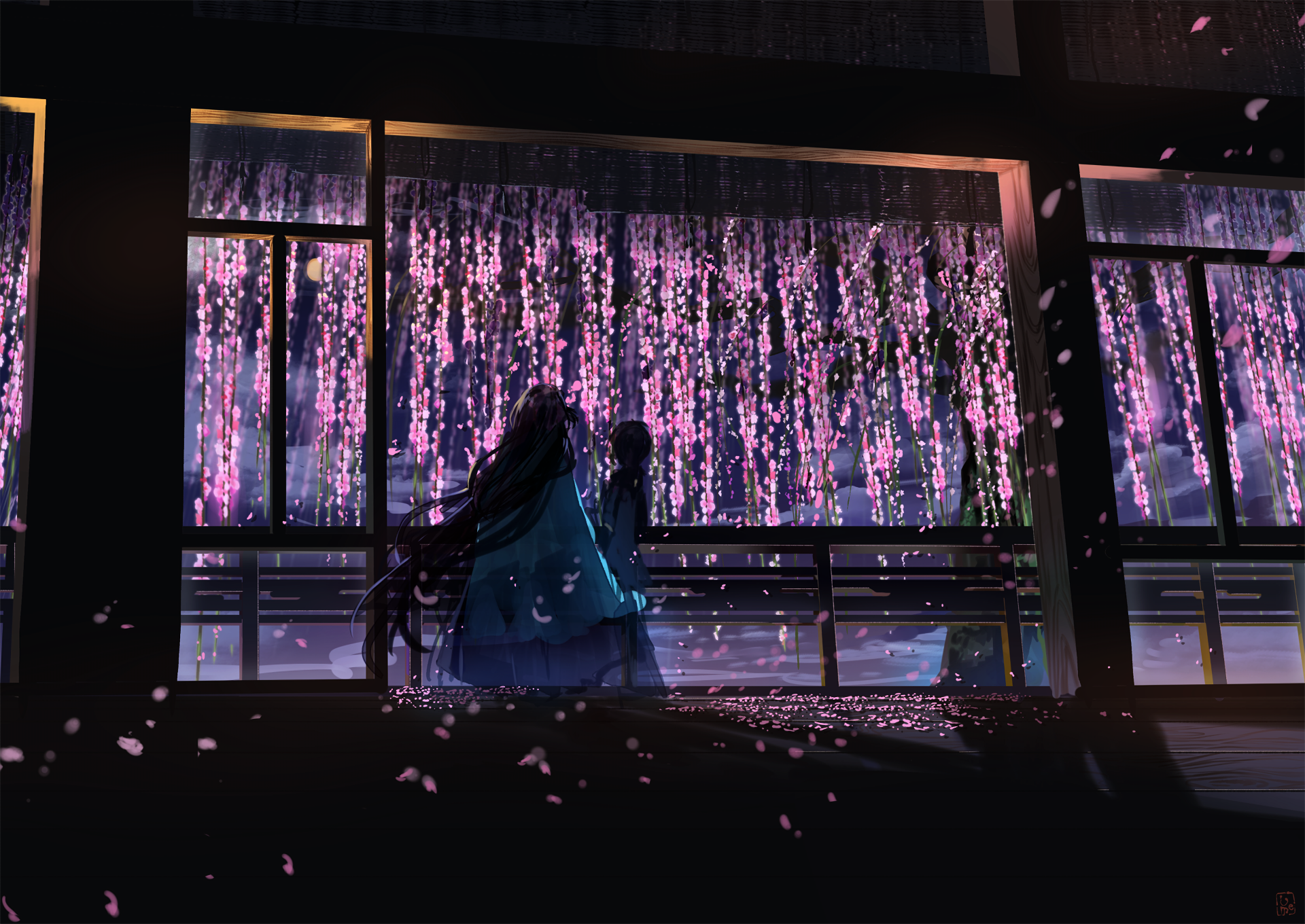 Anime girls in traditional Japanese clothing under wisteria HD Wallpaper