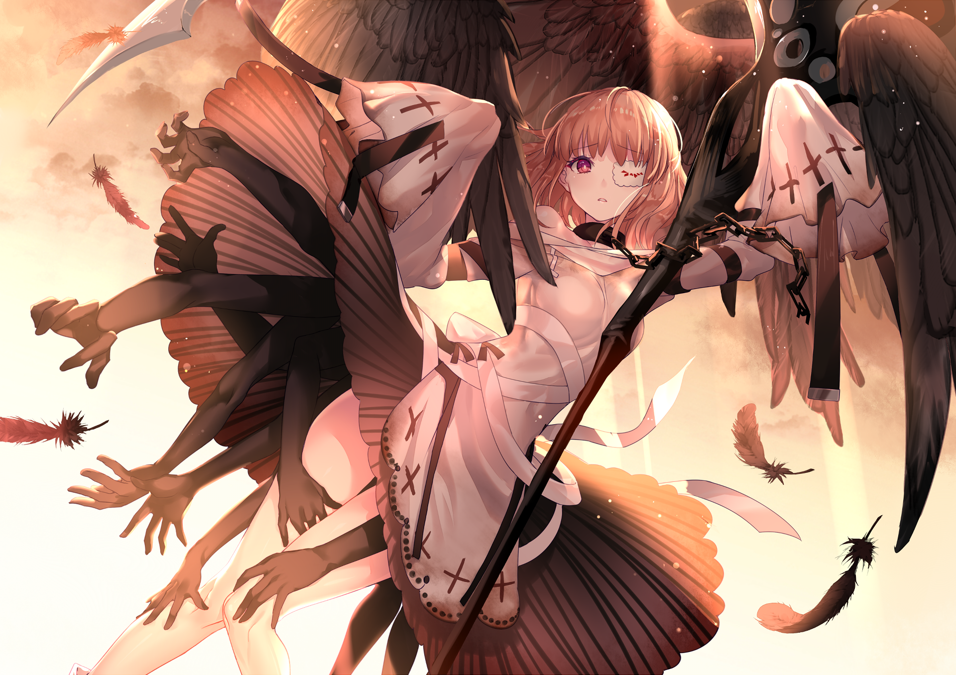 Anime girl with wings and multiple arms holding a scythe HD Wallpaper