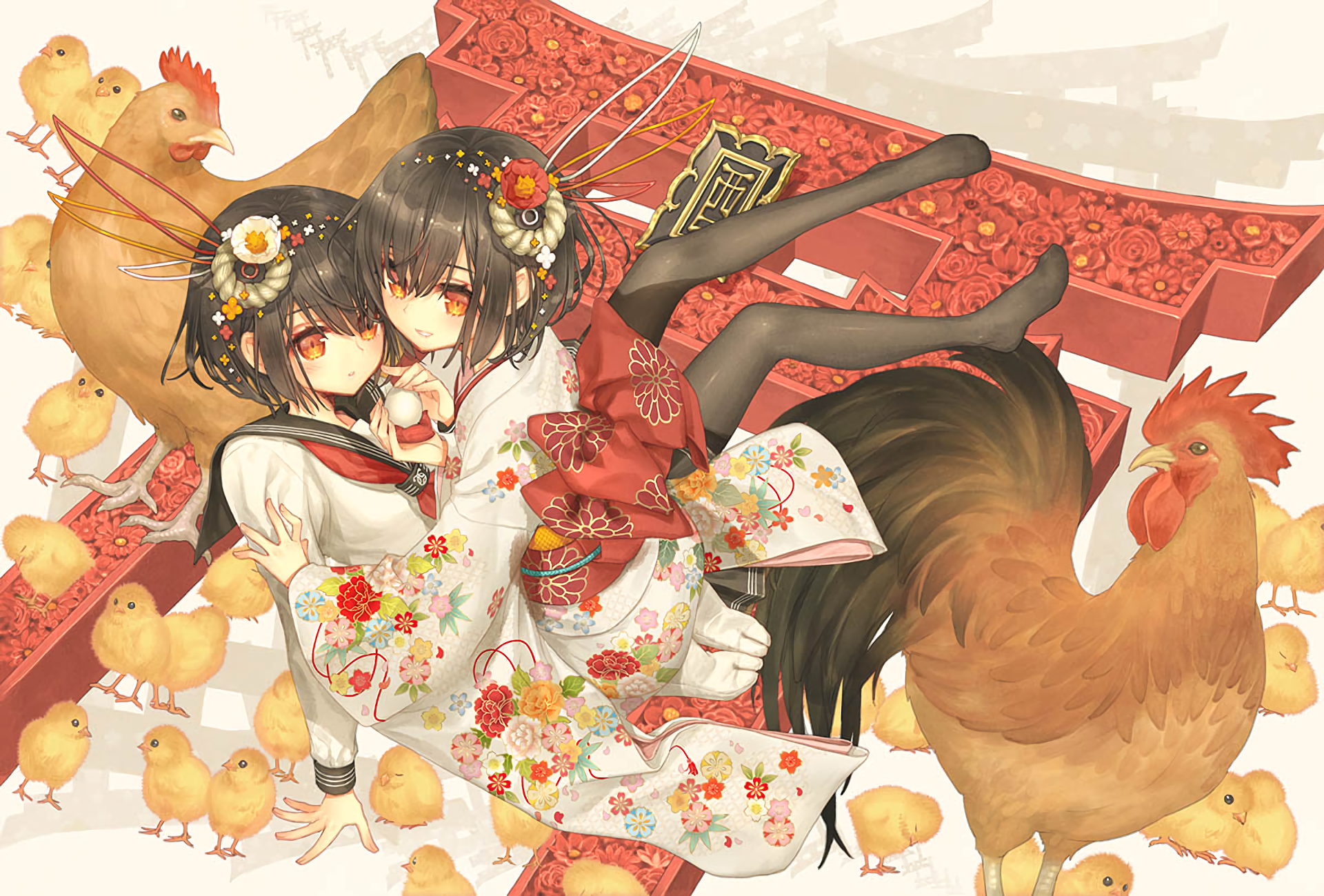 Anime girls with chickens and roosters HD Wallpaper