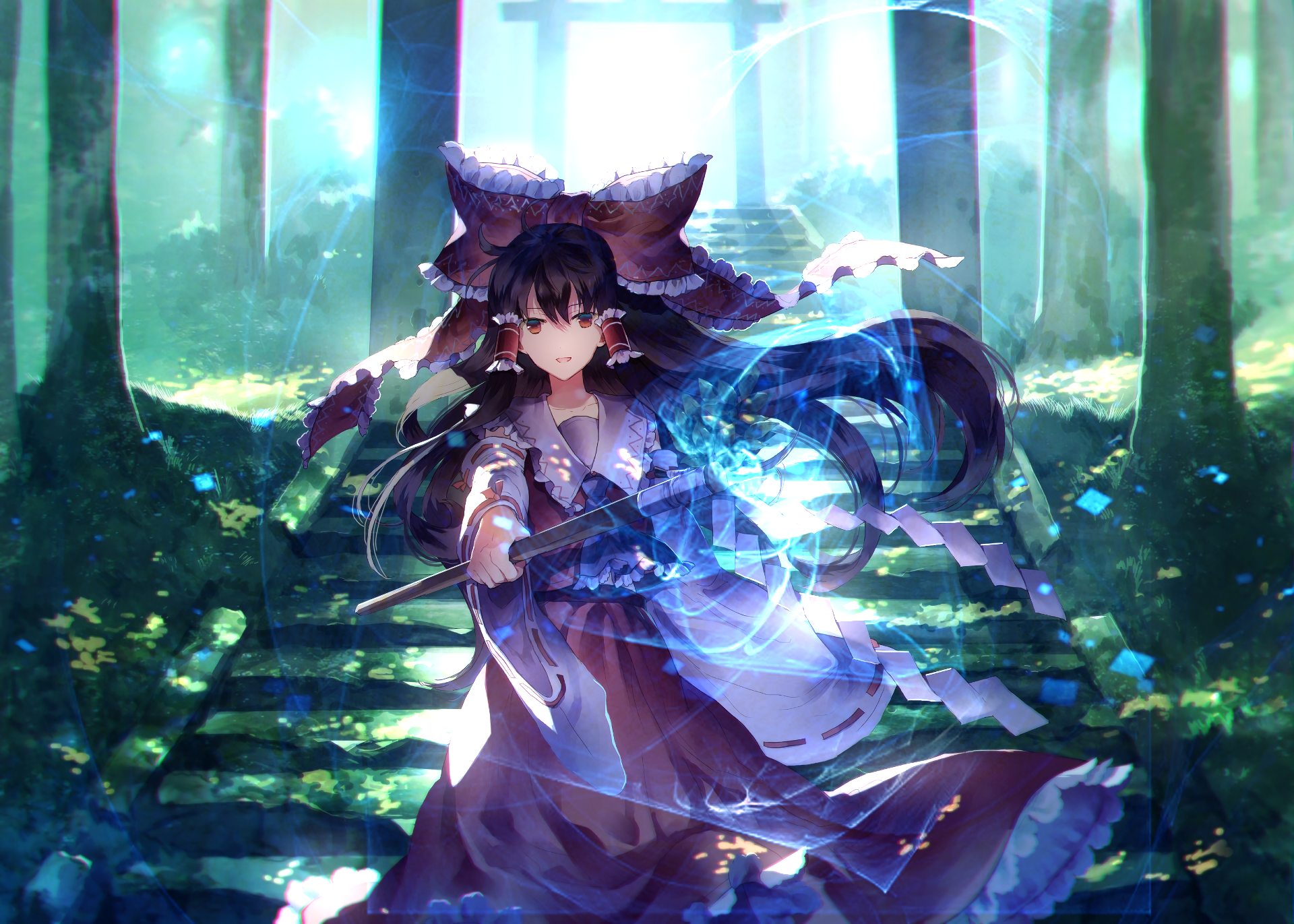 Reimu Hakurei from Touhou casting a spell HD Wallpaper