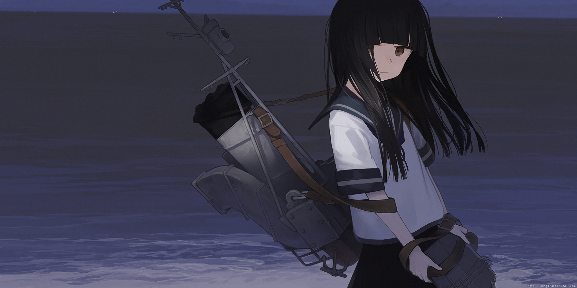 Anime girl with backpack by the sea at night HD Wallpaper