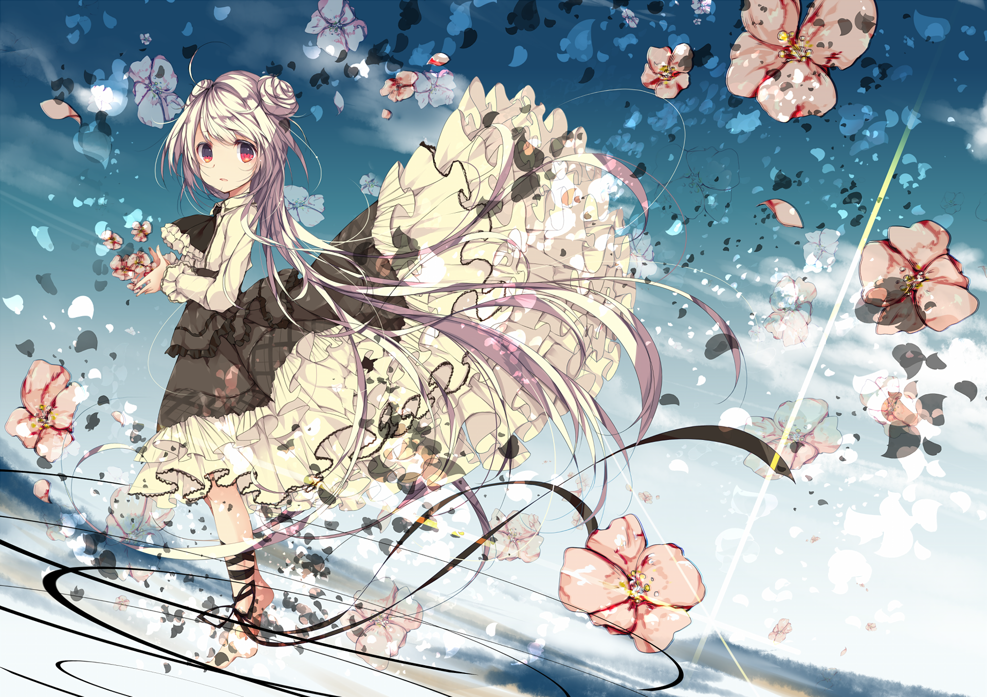 Anime girl with white hair and pink eyes in a dress HD Wallpaper