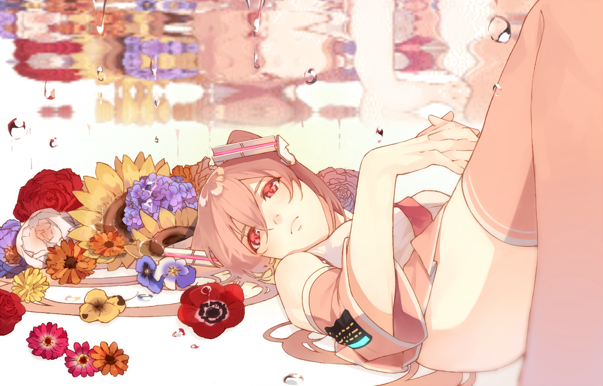 Anime girl with pink hair and flowers HD Wallpaper