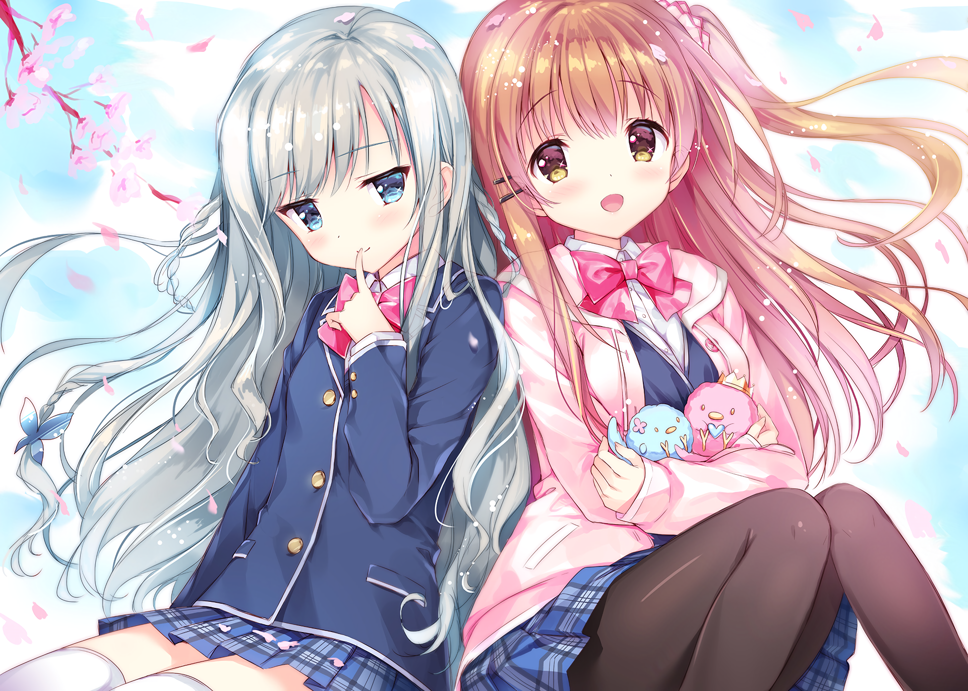 Two anime girls in school uniforms with cherry blossoms HD Wallpaper