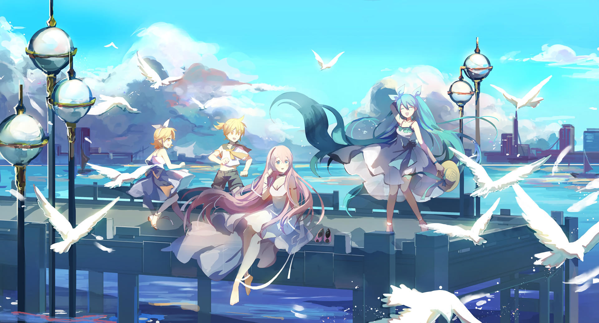 Hatsune Miku and friends on a pier with seagulls HD Wallpaper