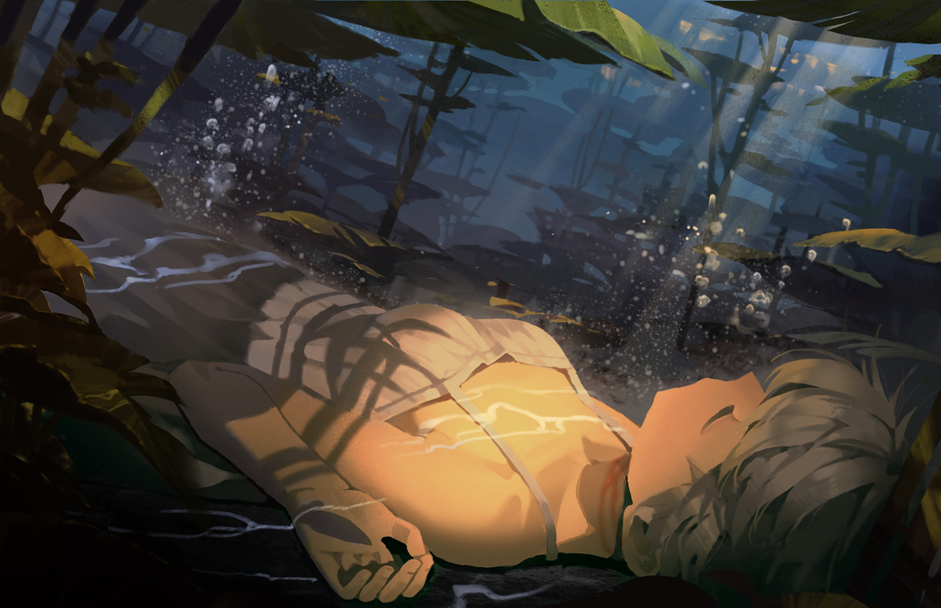 Anime girl floating underwater among plants HD Wallpaper