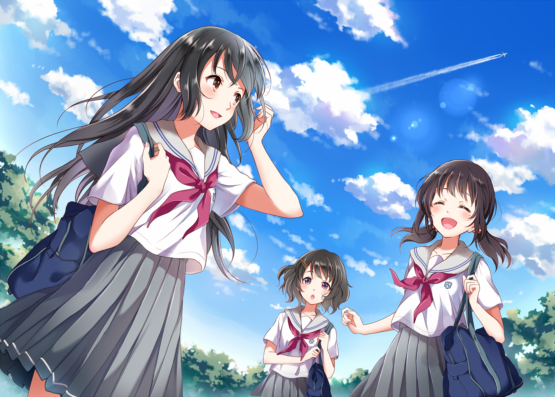 Three anime schoolgirls with backpacks under a blue sky HD Wallpaper