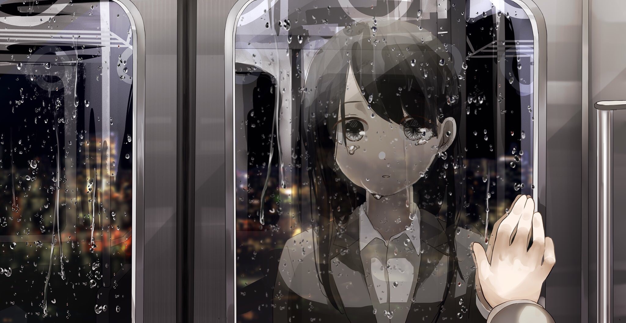Anime girl looking out a rainy train window at night HD Wallpaper