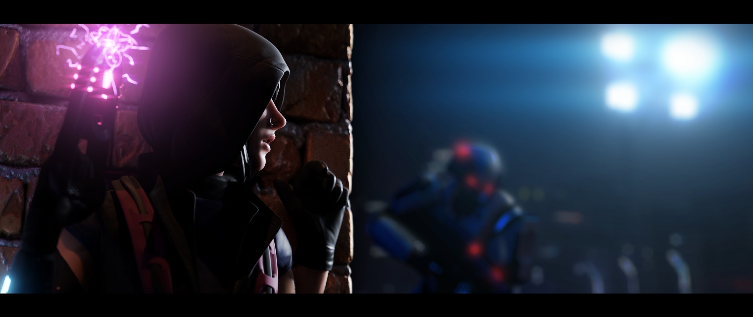 Woman with glowing weapon peeking around corner from enemy HD Wallpaper