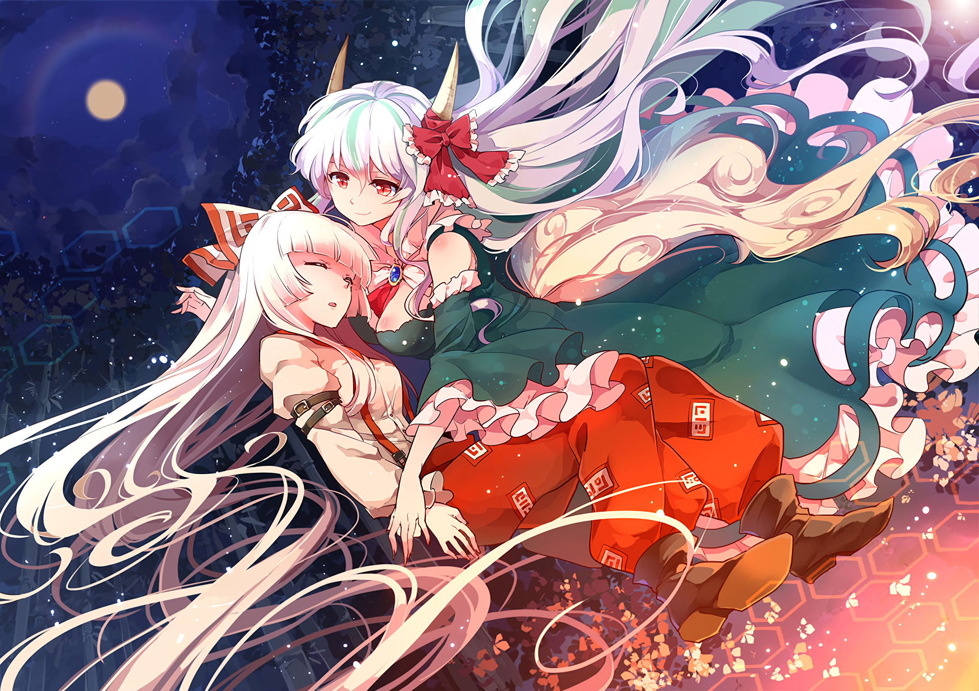 Two anime girls with long white hair HD Wallpaper