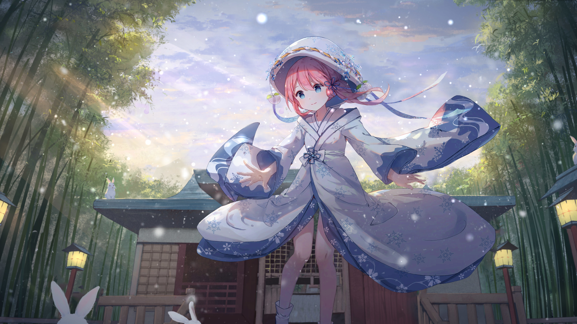 Anime girl in kimono with rabbits and bamboo HD Wallpaper