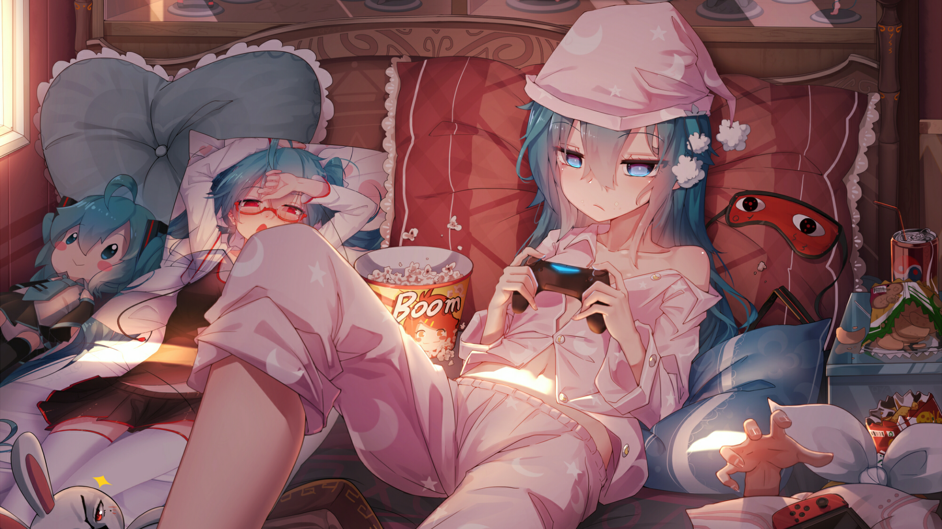 Anime girls playing video games with popcorn HD Wallpaper