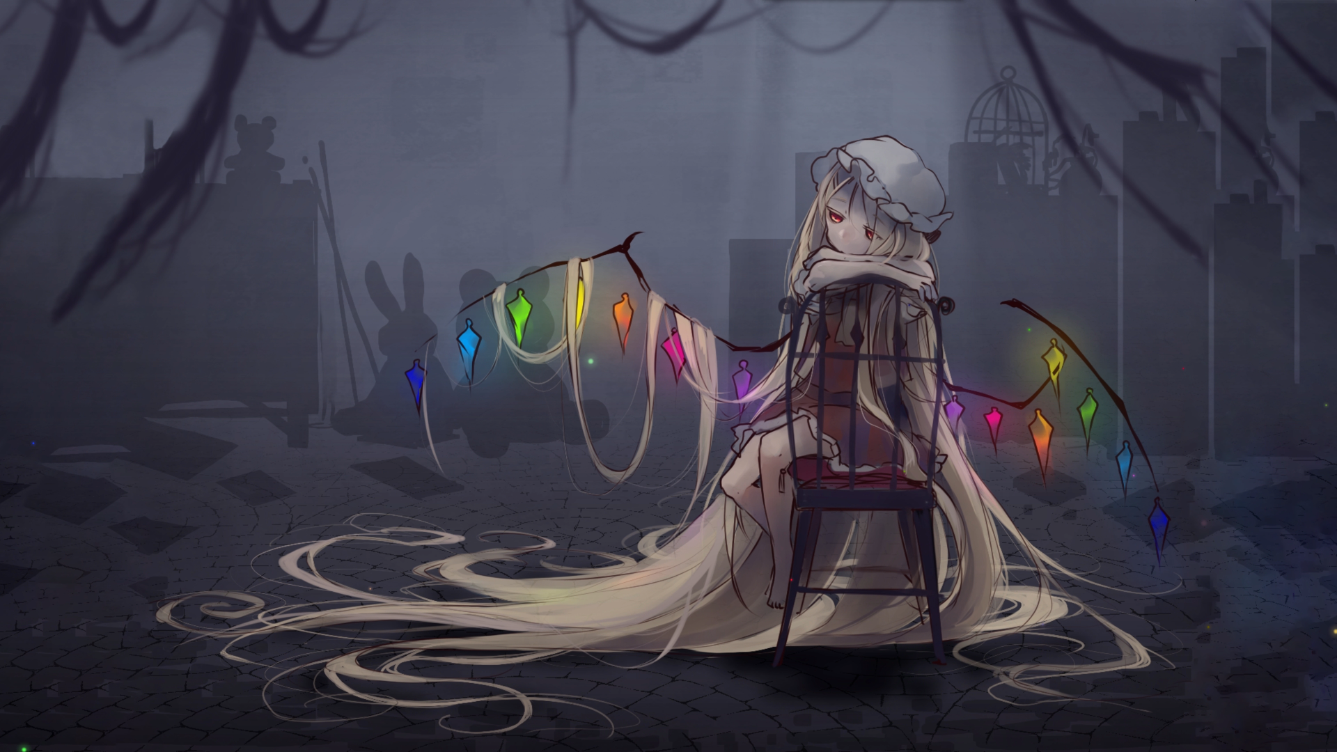 Anime girl with long blond hair and red eyes sitting on a chair HD Wallpaper