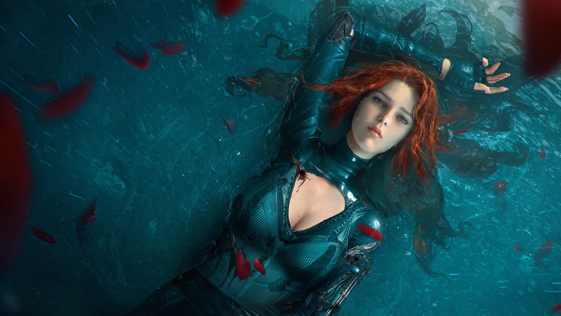 Cyborg redhead floating in water with red petals HD Wallpaper