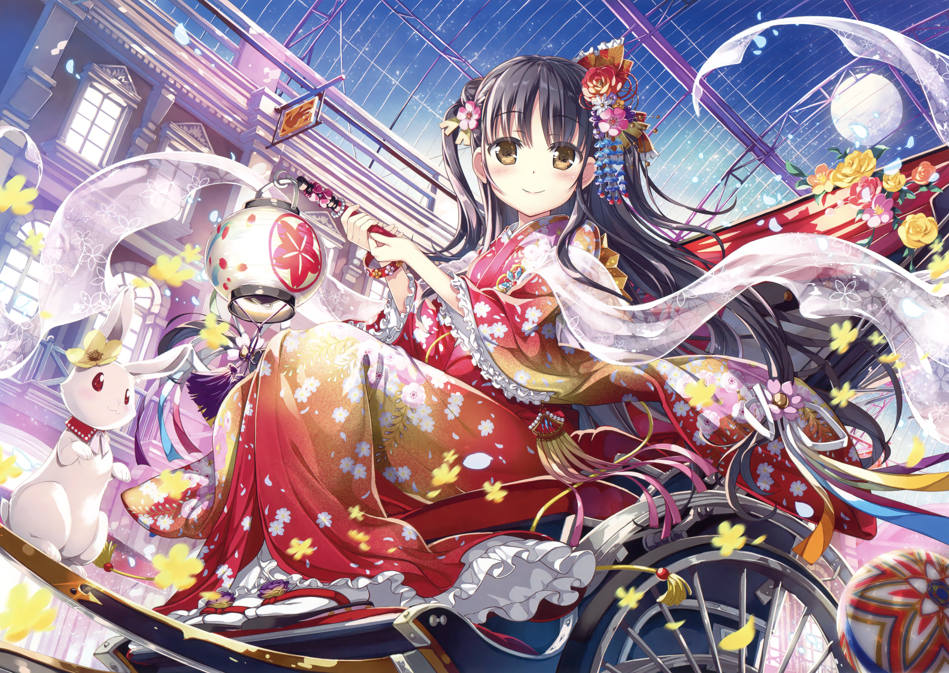 Anime girl in kimono in a rickshaw with a rabbit HD Wallpaper
