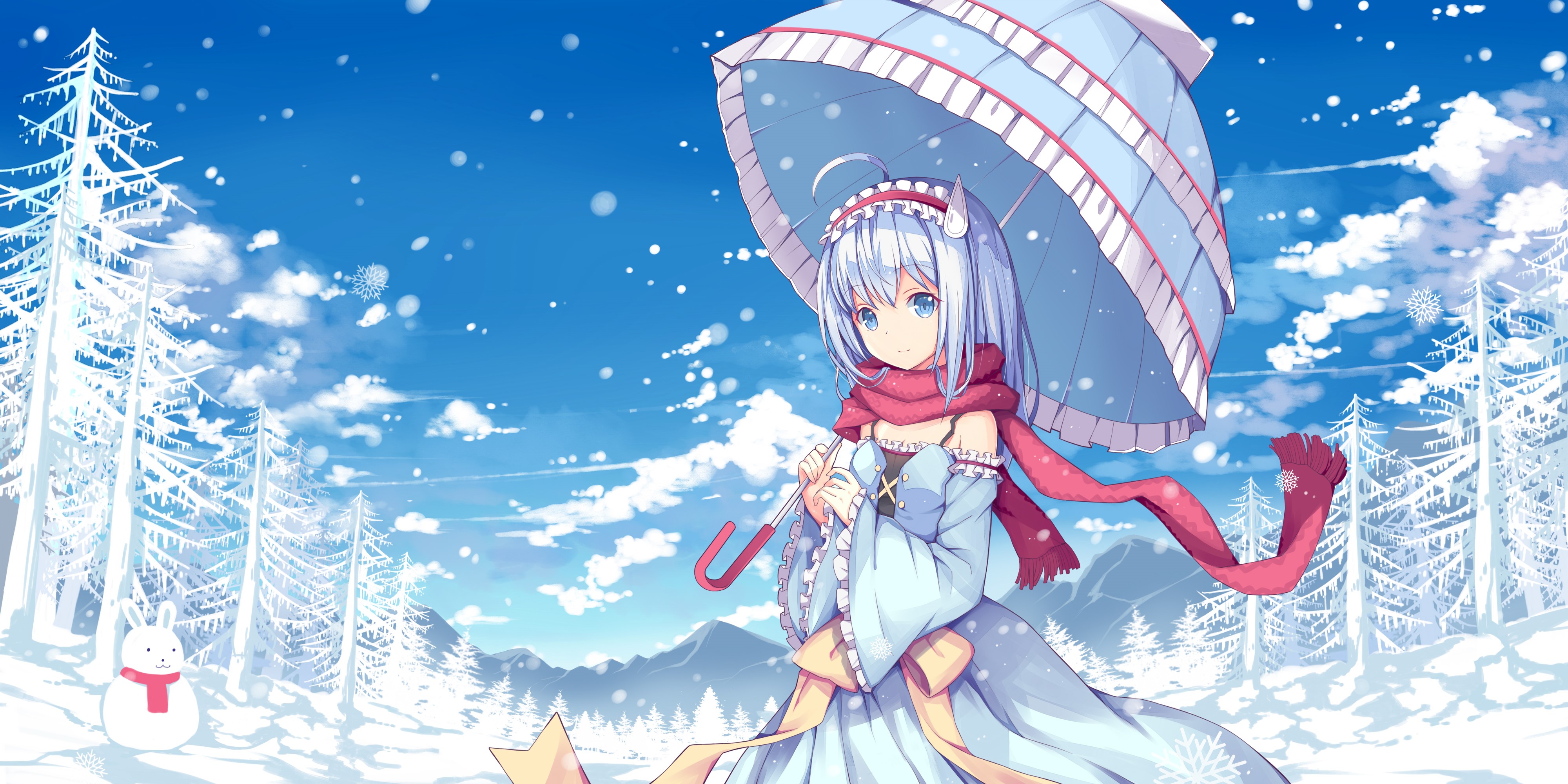 Anime girl with umbrella in snowy forest HD Wallpaper