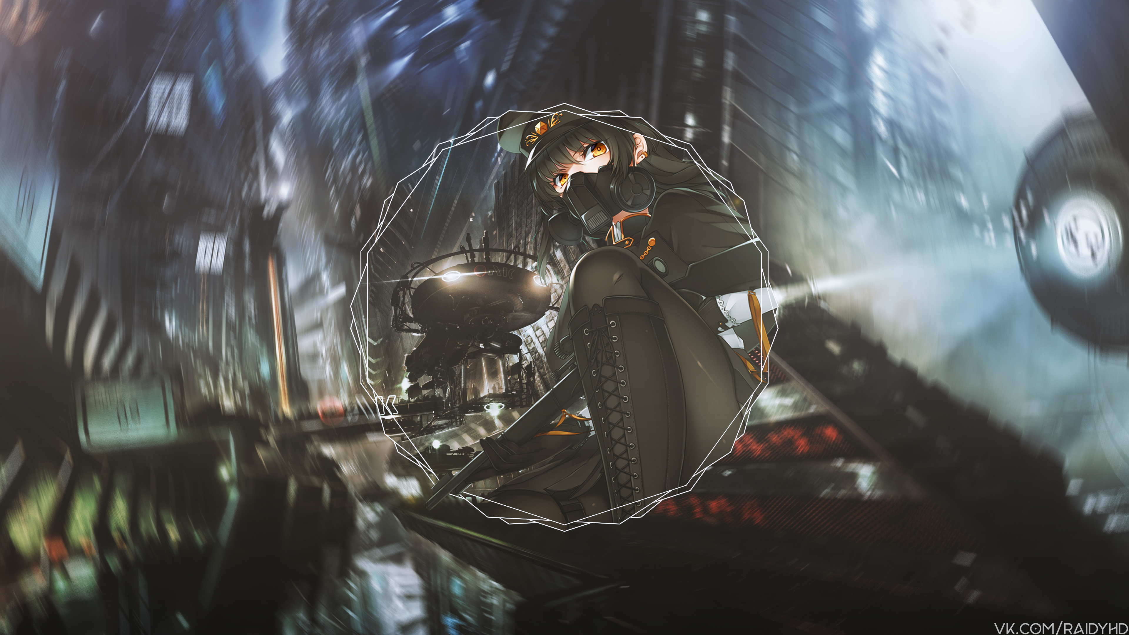 Anime girl with gas mask in futuristic city HD Wallpaper