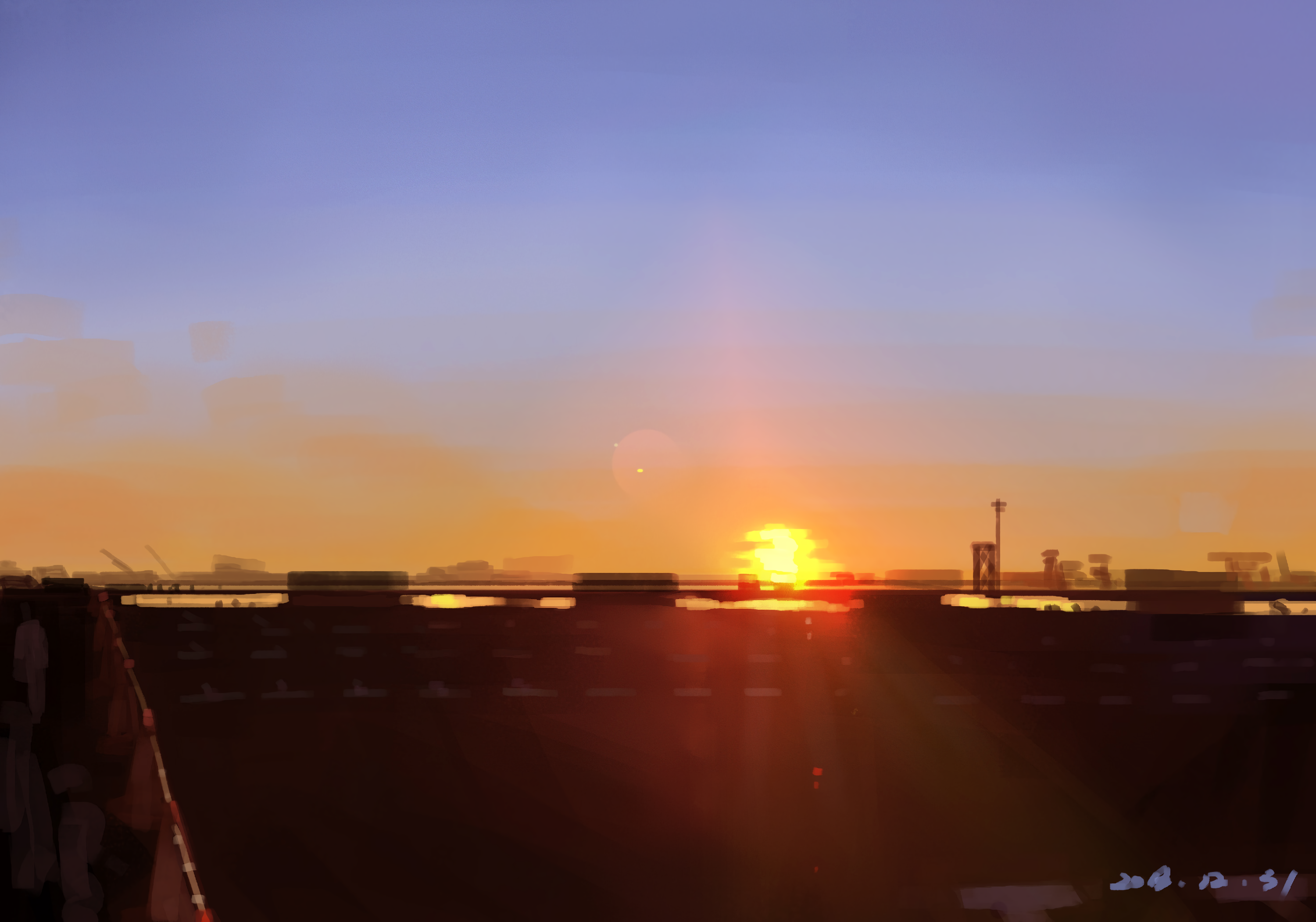 Digital art painting of a sunset over a city skyline HD Wallpaper