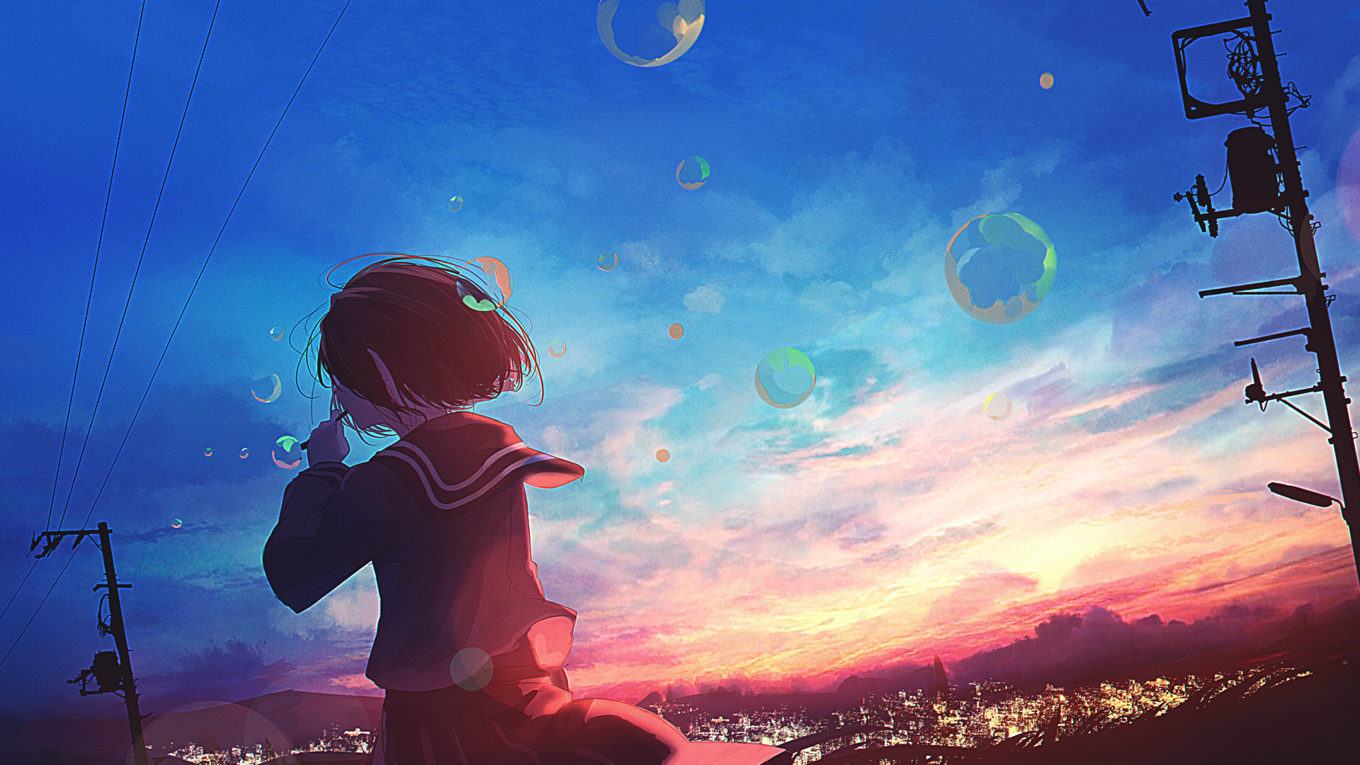 Anime girl blowing bubbles at sunset with city and power lines HD Wallpaper