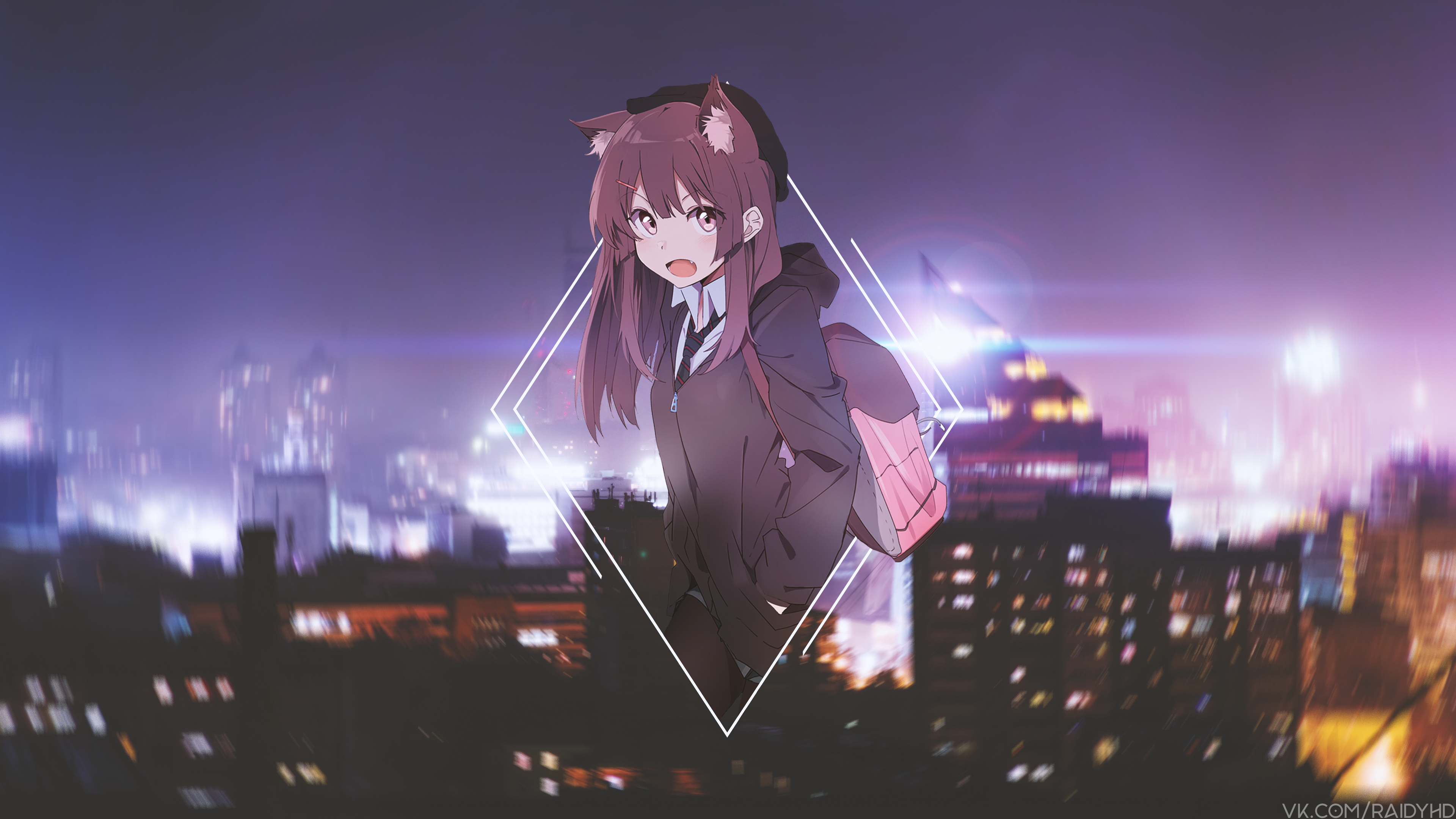 Anime girl with animal ears and backpack in city at night HD Wallpaper
