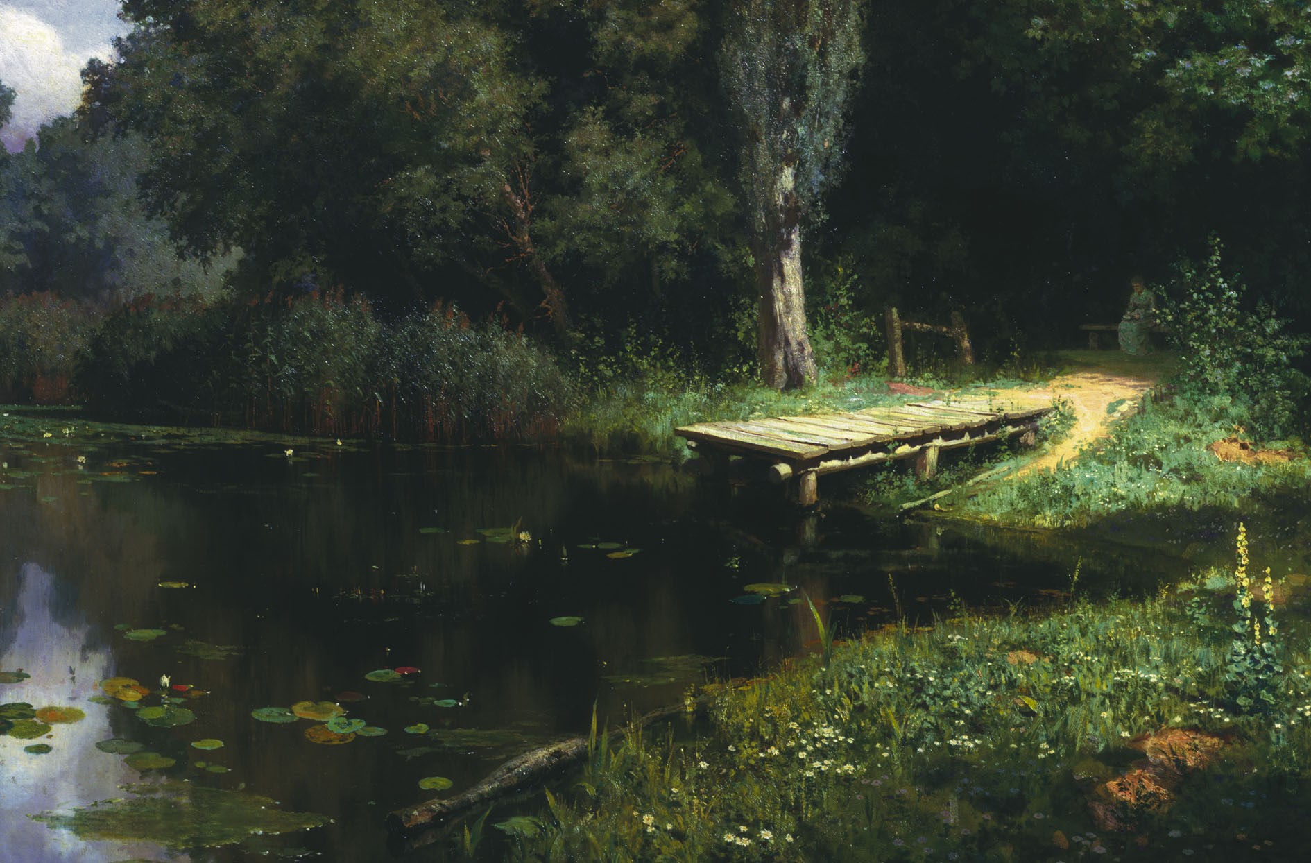 A wooden dock on a dark lake surrounded by trees HD Wallpaper