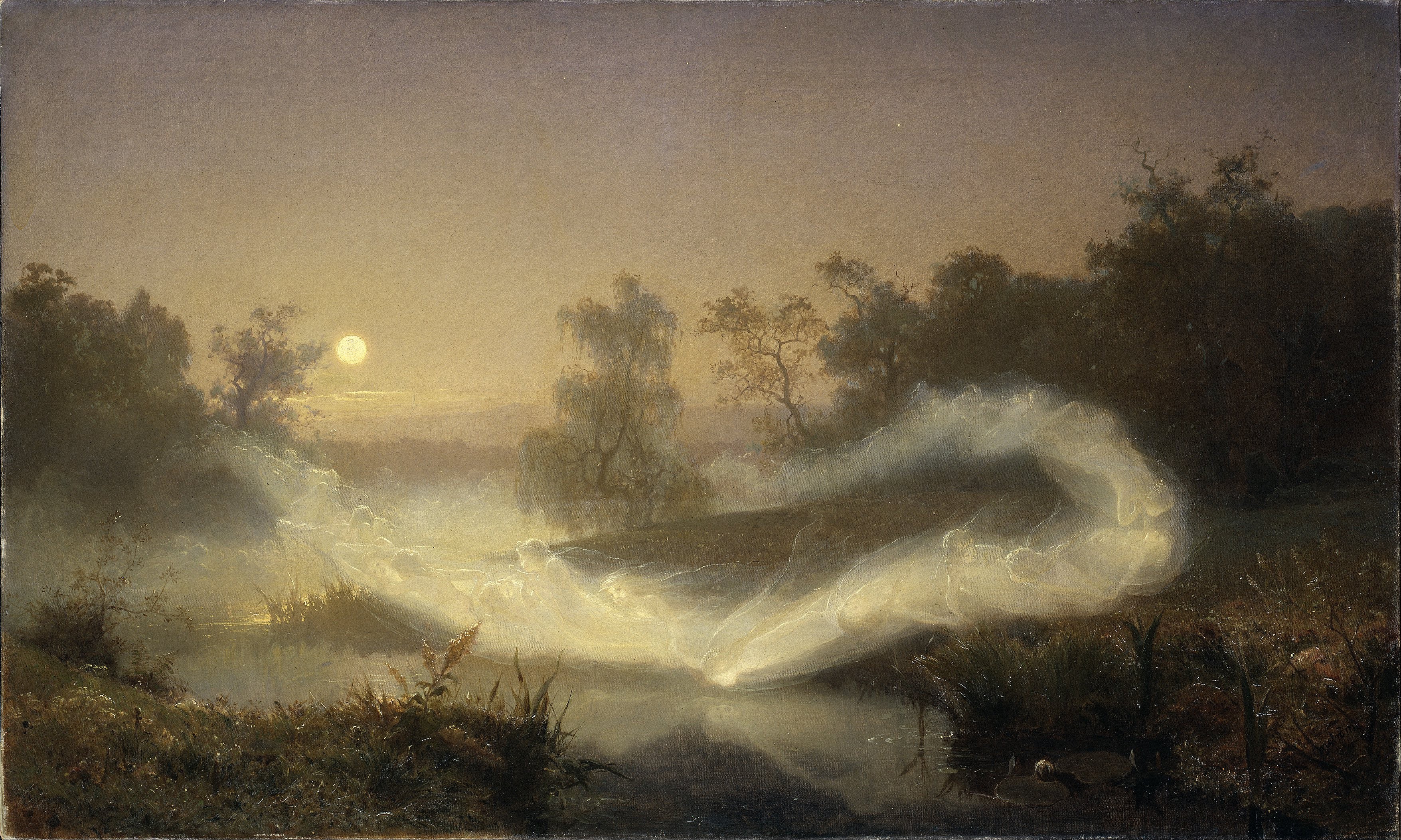 Moonlit dance of spirits in a misty landscape HD Wallpaper