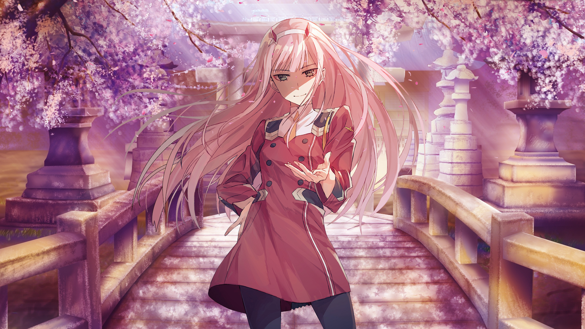 Zero Two from Darling in the FranXX in a Japanese garden HD Wallpaper