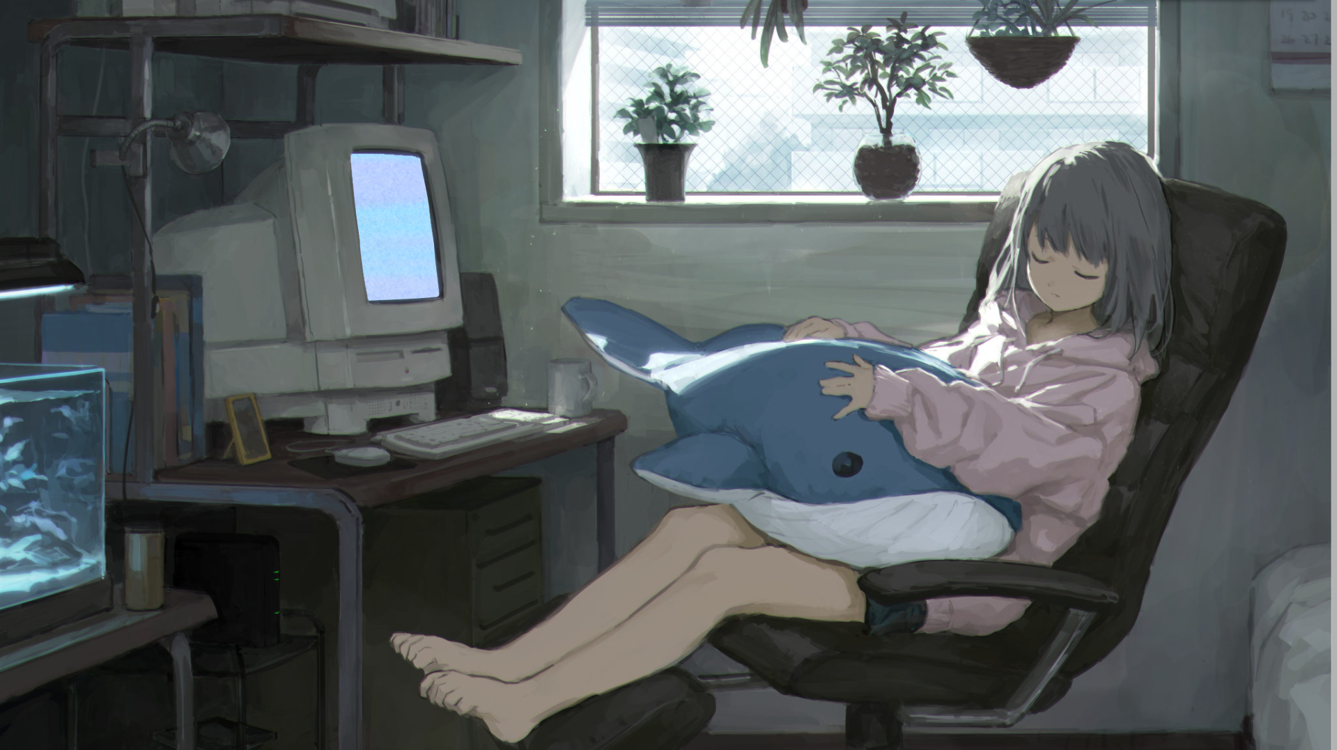 Anime girl sleeping with a whale plushie HD Wallpaper
