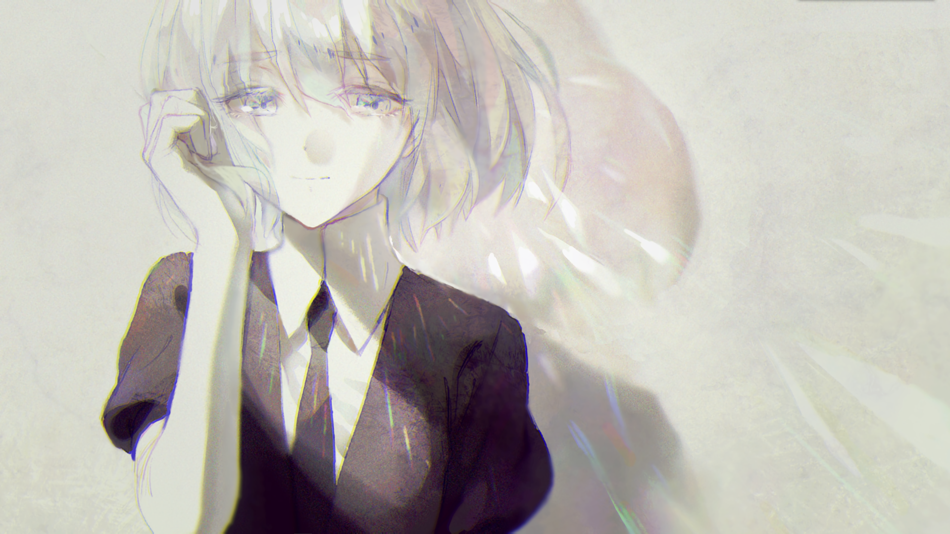 Anime girl with short white hair in a suit HD Wallpaper