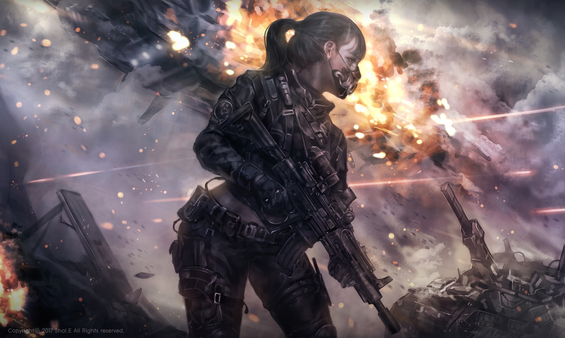 Female soldier with mask and rifle in explosion HD Wallpaper