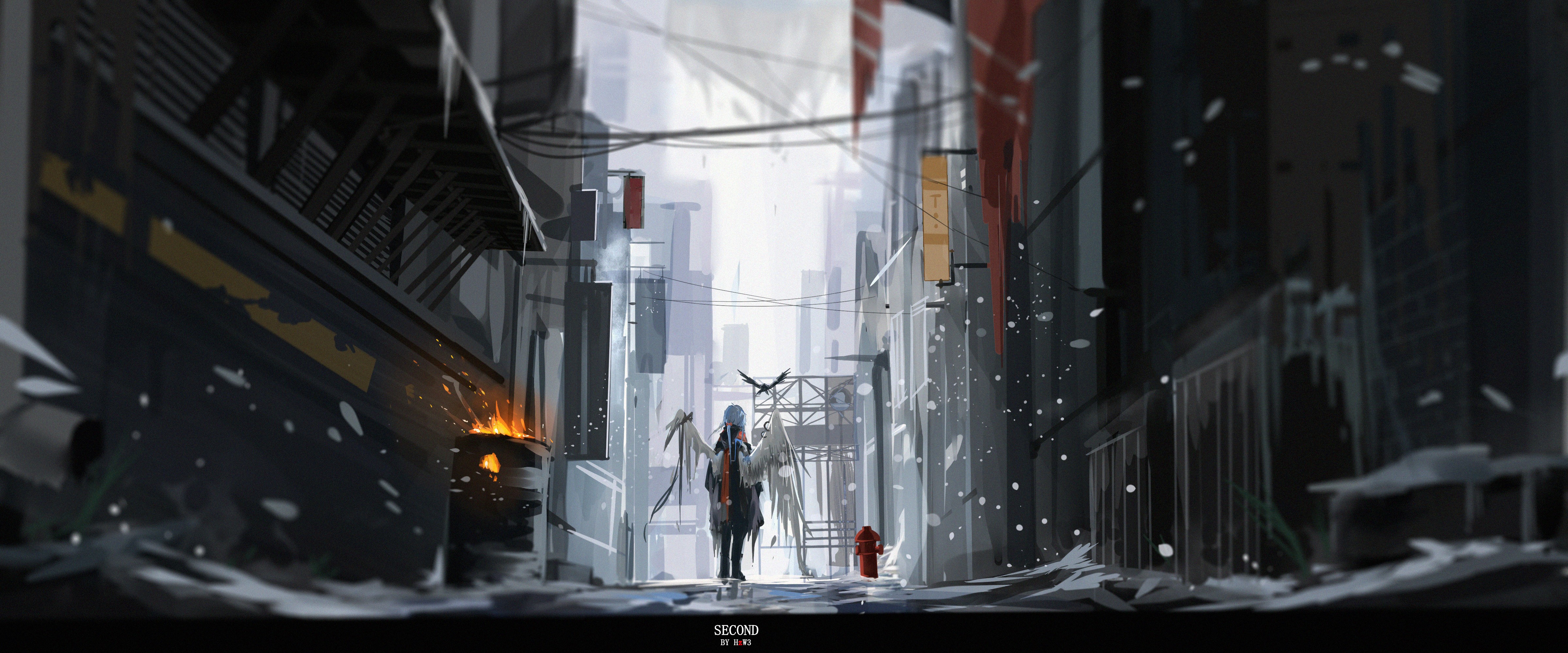 Anime girl with wings in a snowy city alley HD Wallpaper