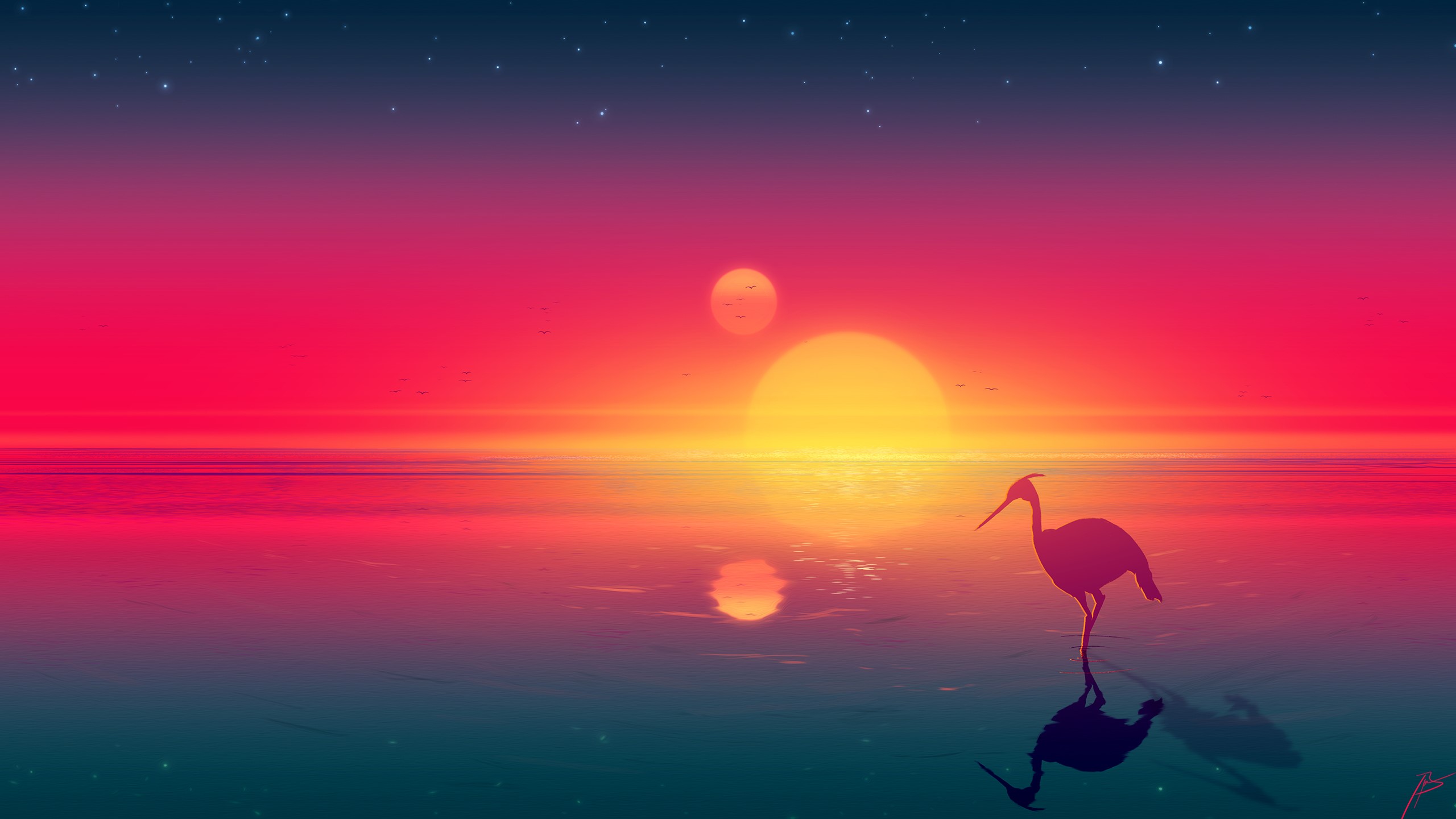 Heron silhouetted against a double sunset over the ocean HD Wallpaper
