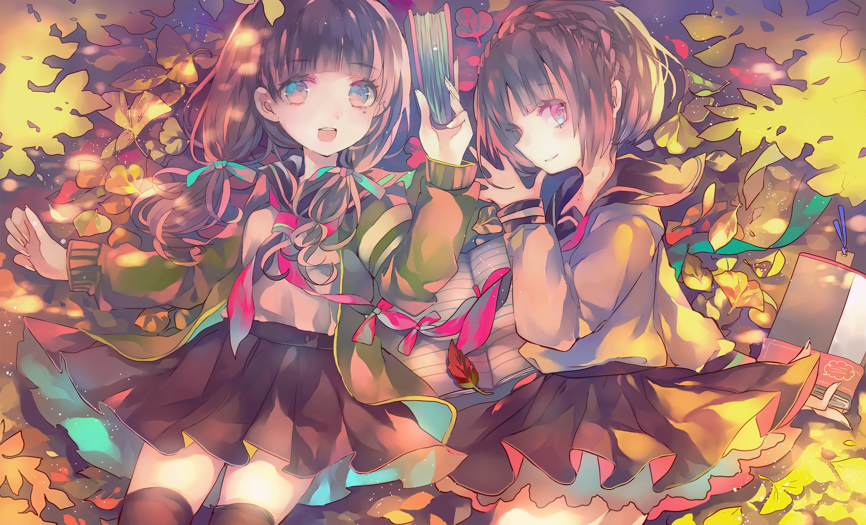 Two anime girls with books in autumn leaves HD Wallpaper