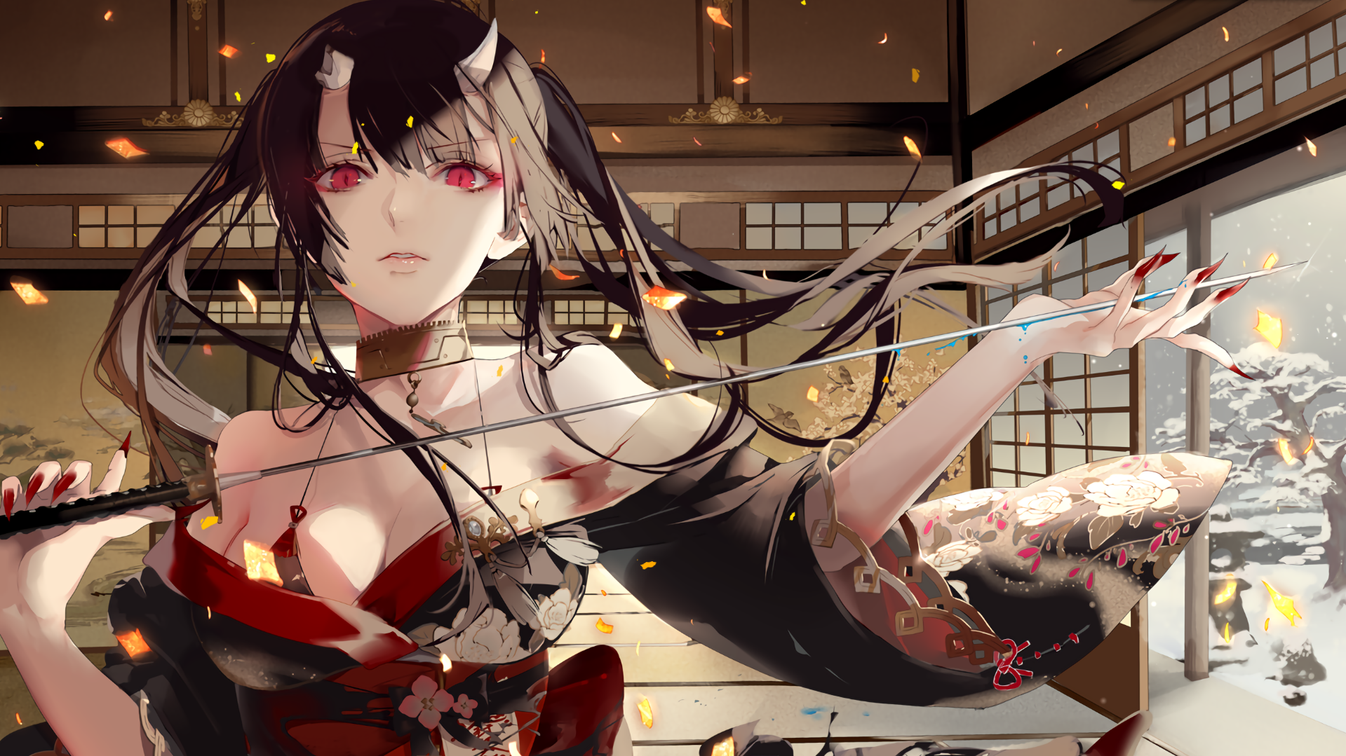 Anime girl with horns and katana in traditional Japanese room HD Wallpaper