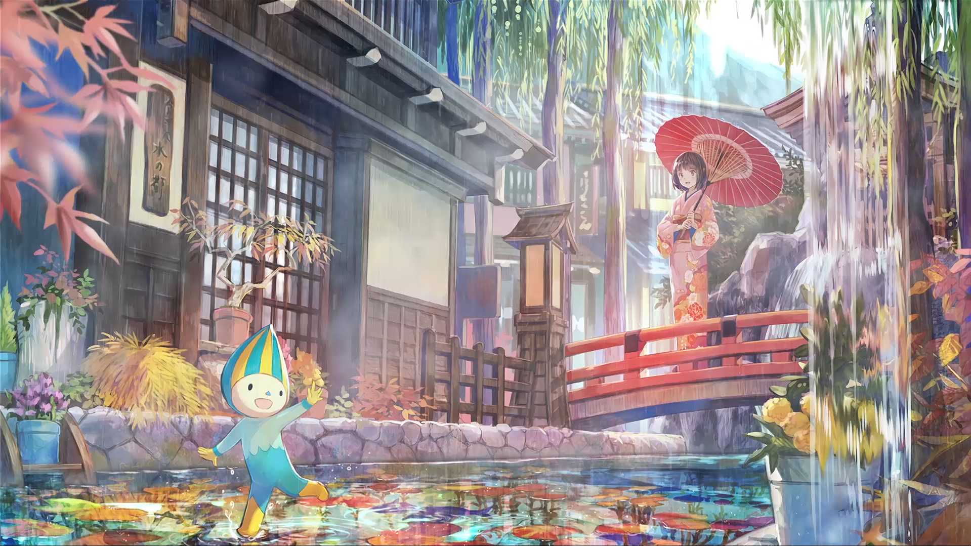 Anime girl with umbrella in Japanese village HD Wallpaper