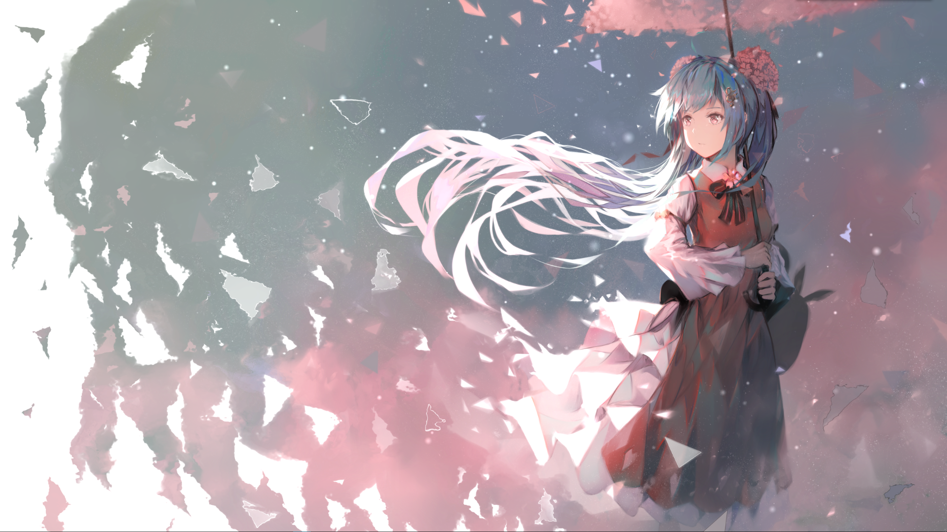 Anime girl with blue hair holding an umbrella HD Wallpaper