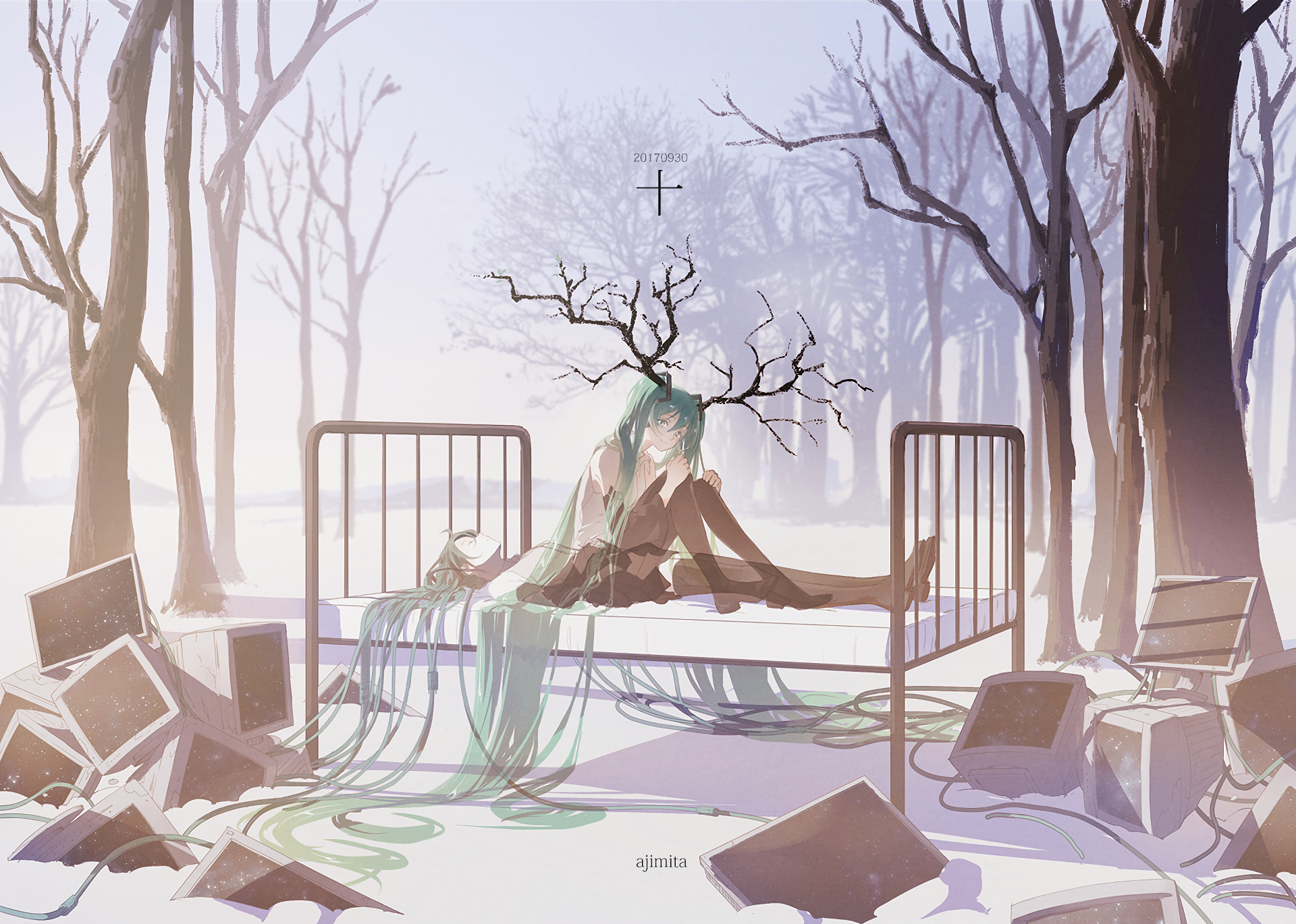 Hatsune Miku in a snowy forest with old computers HD Wallpaper