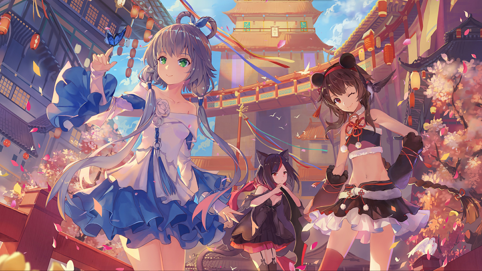 Anime girls in a fantasy city with cherry blossoms HD Wallpaper