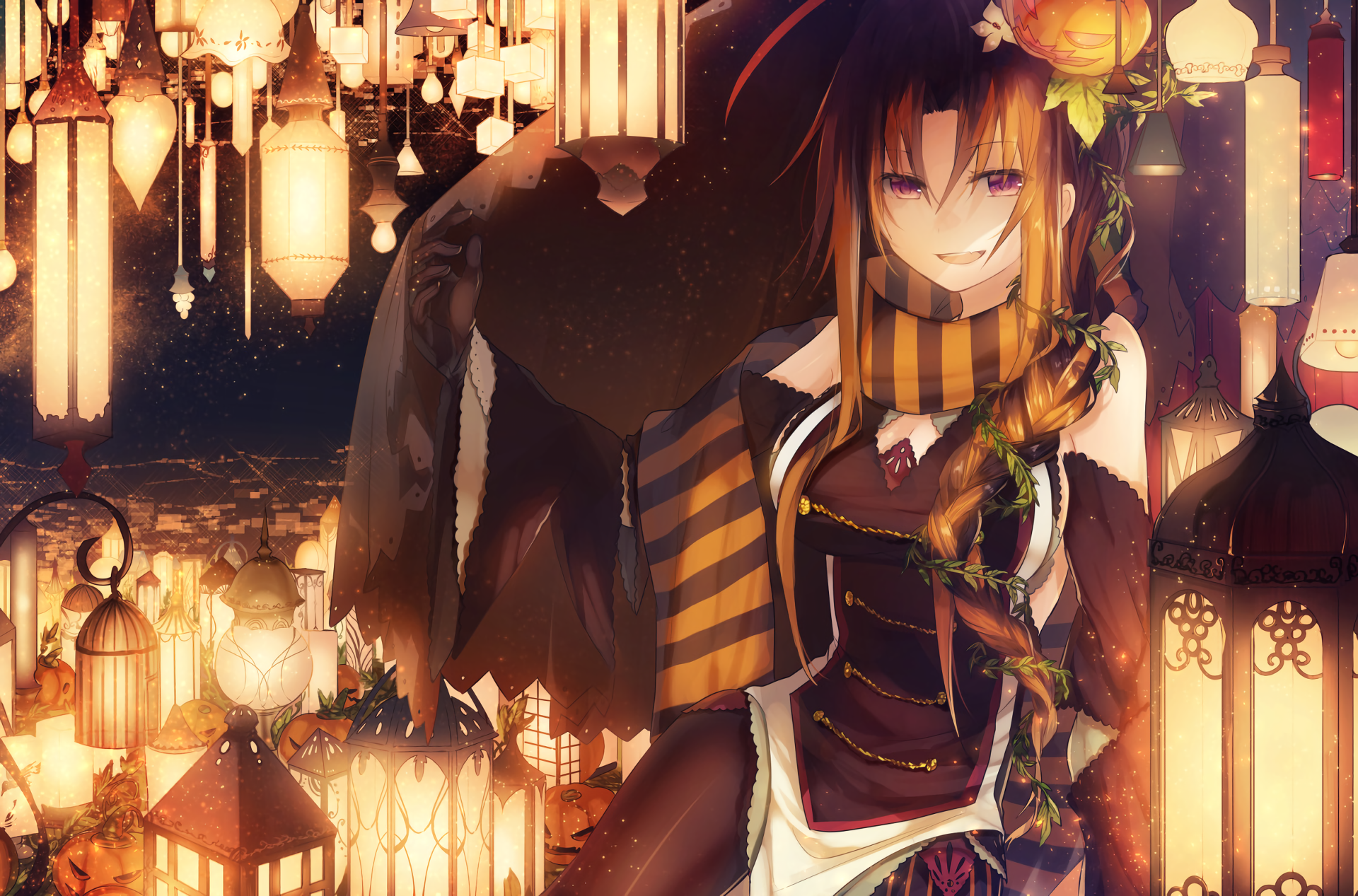 Anime girl with pumpkin and lanterns HD Wallpaper